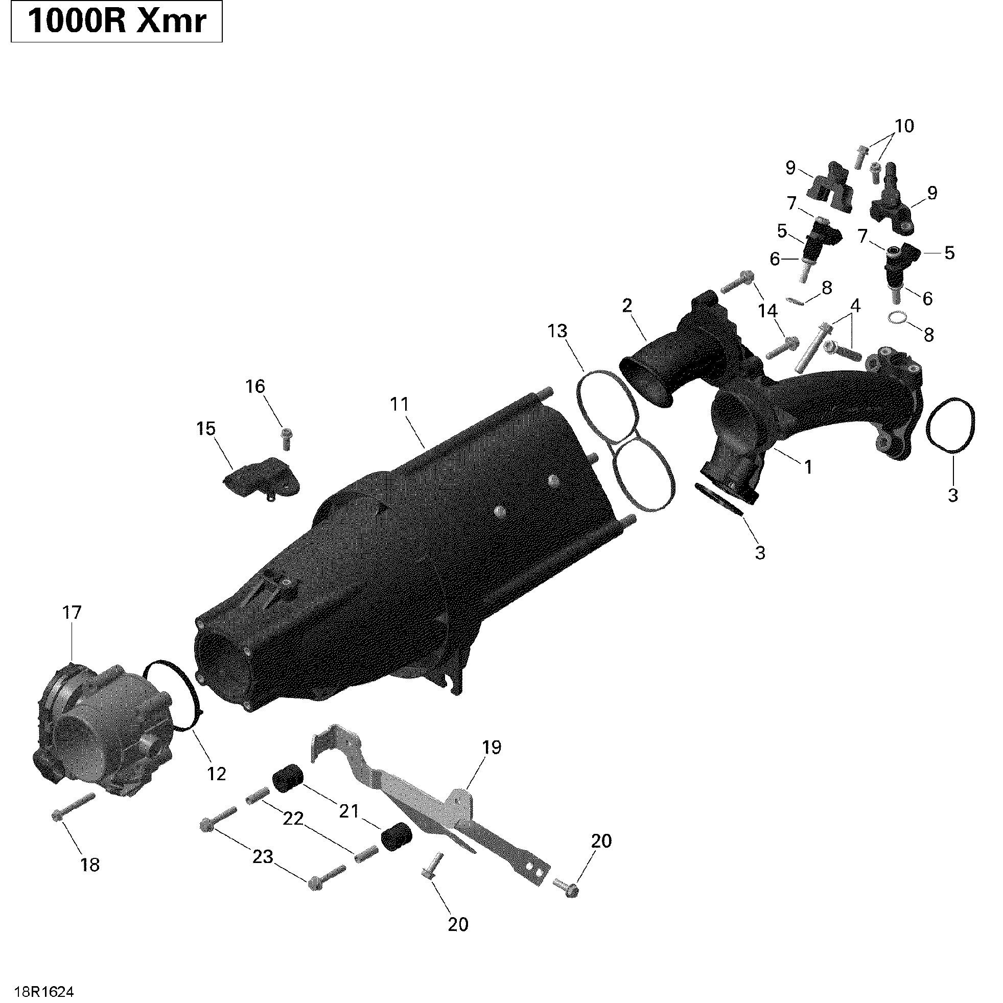 An Image of a Genuine Can-Am Parts Schematic Diagram showing the schematic - AIR INTAKE MANIFOLD AND THROTTLE BODY - 1000R EFI