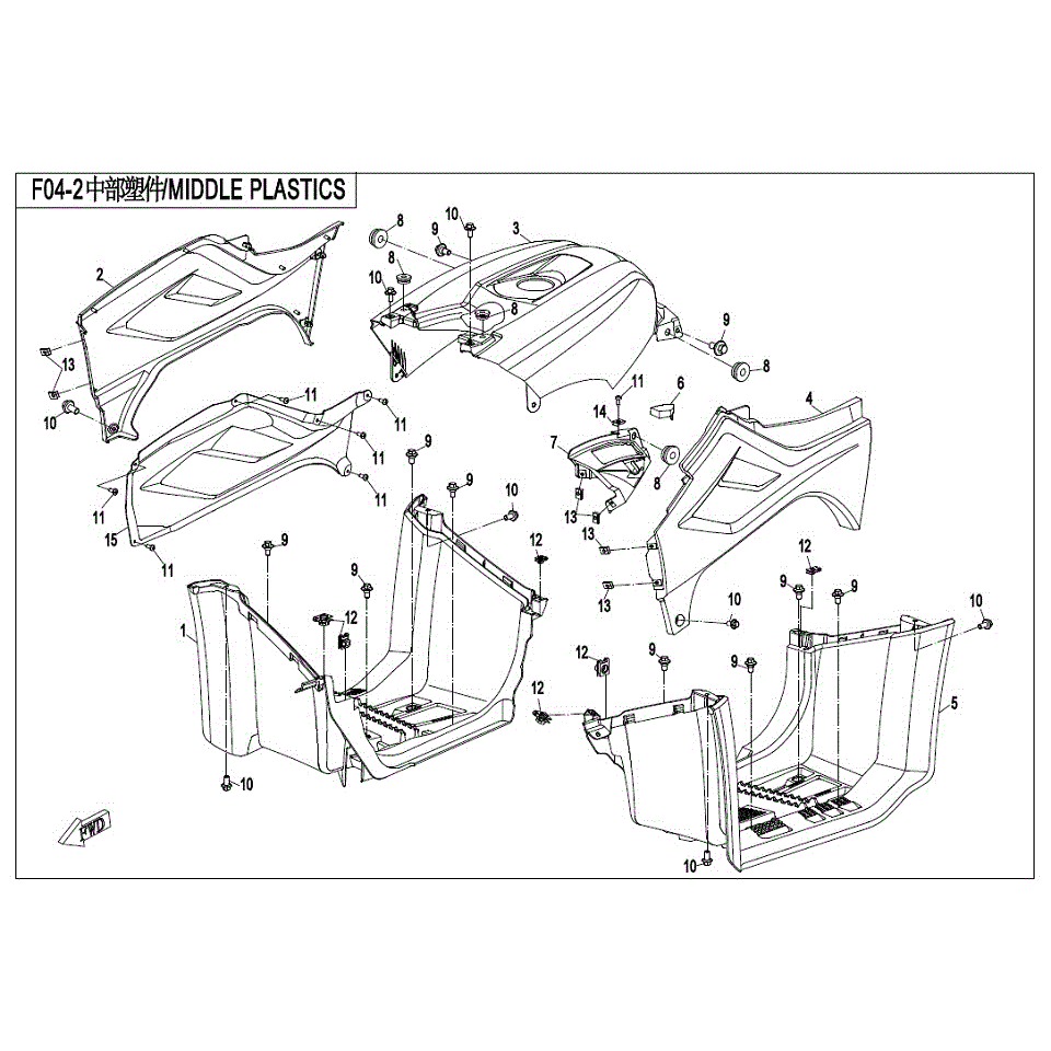 An Image of a genuine CFMOTO Parts Schematic Diagram showing the group - MIDDLE PLASTICS - 2017 CFMOTO CFORCE 500 S