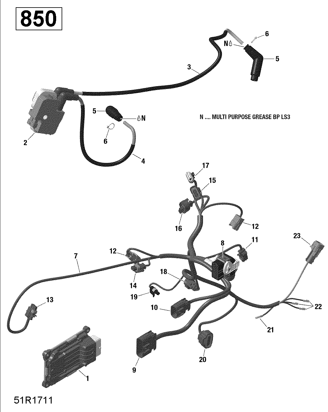 An Image of a Genuine Can-Am Parts Schematic Diagram showing the schematic - ENGINE HARNESS AND ELECTRONIC MODULE - 850 EFI (RENEGADE)