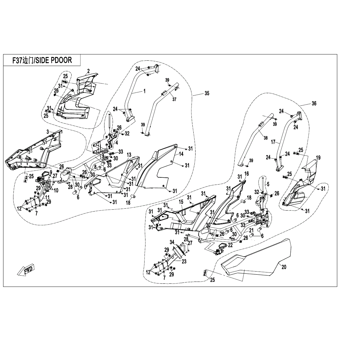 An Image of a Genuine CFMOTO Parts Schematic Diagram showing the schematic - SIDE DOORS (NA) - 2021 CFMOTO ZFORCE 800 Trail
