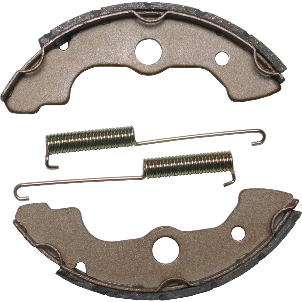 Grooved semi-circular brake shoes in metal with friction lining and two coiled tension springs.