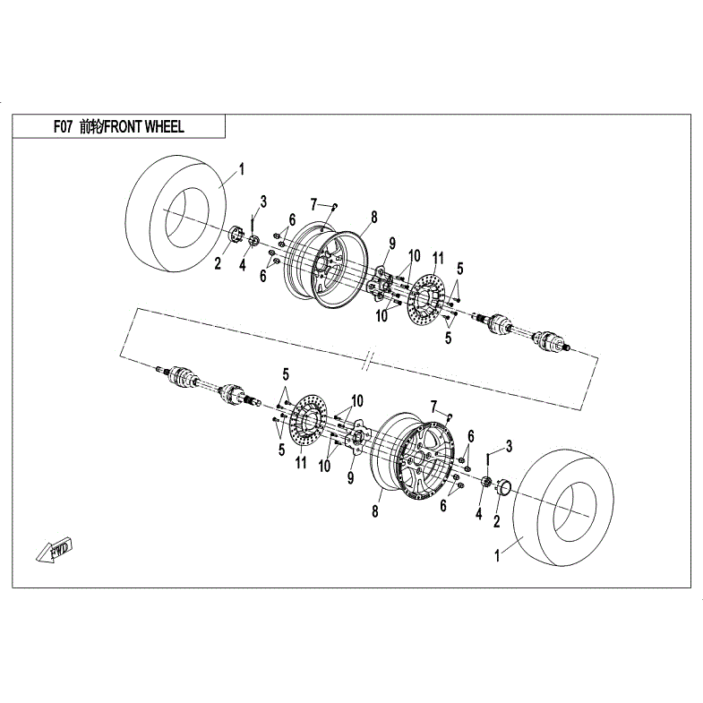 An Image of a Genuine CFMOTO Parts Schematic Diagram showing the schematic - FRONT WHEEL - 2018 CFMOTO ZFORCE 800 Trail