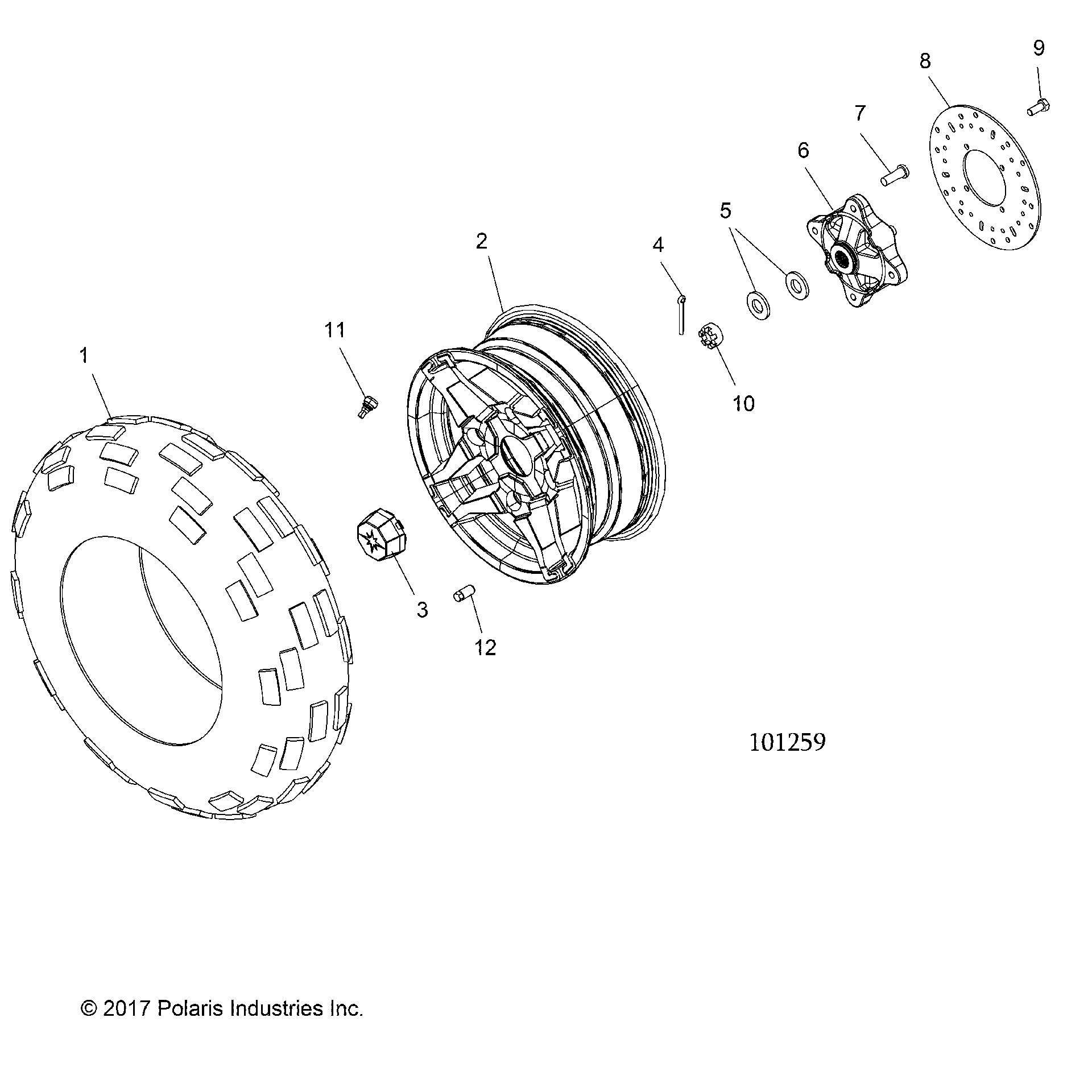 An Image of a Genuine Polaris Parts Schematic Diagram showing the schematic - WHEELS: FRONT TIRE and BRAKE DISC - 2018 POLARIS SPORTSMAN 570 SP