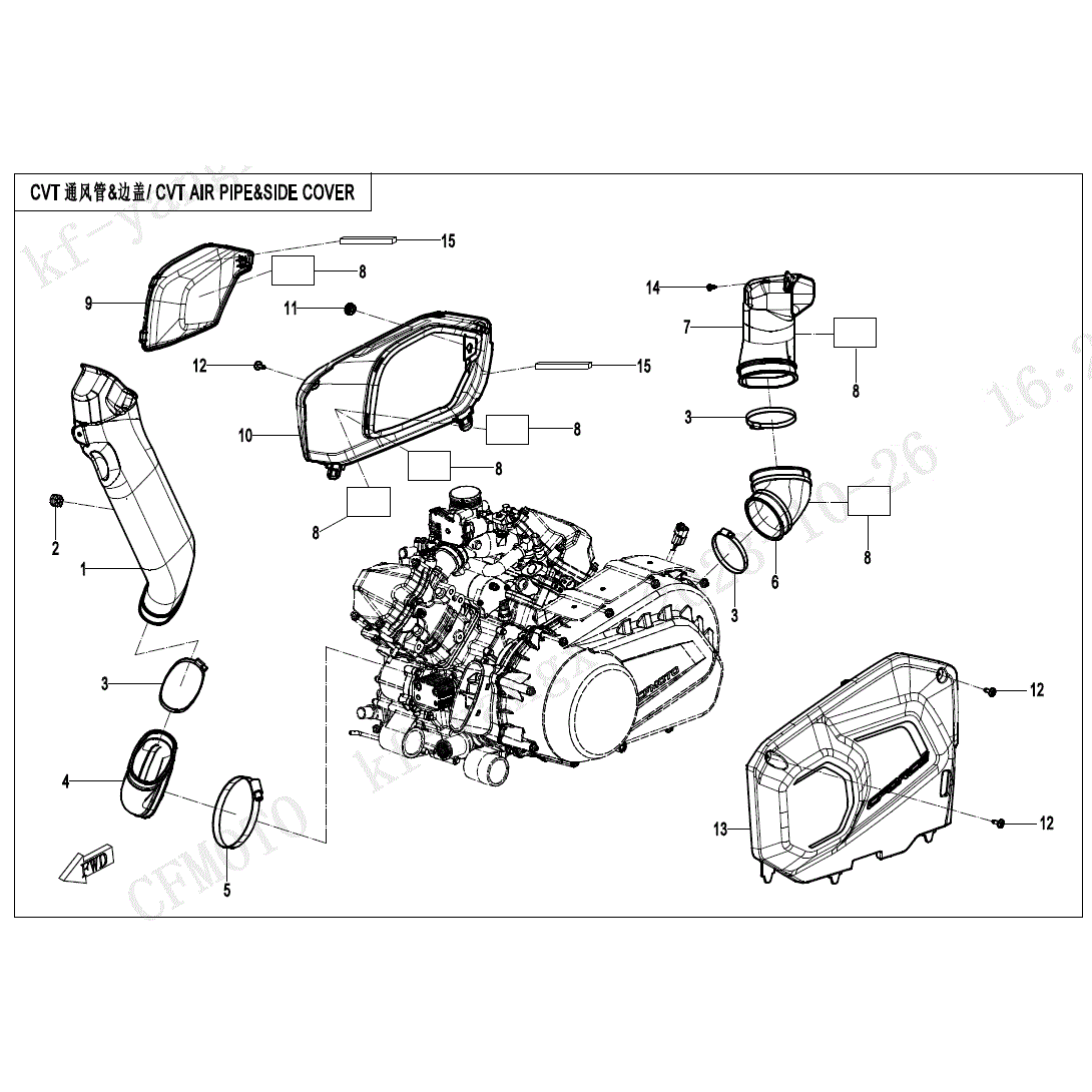 An Image of a genuine CFMOTO Parts Schematic Diagram showing the group - CVT AIR PIPE & SIDE COVER - 2024 CFMOTO CFORCE 800 TOURING
