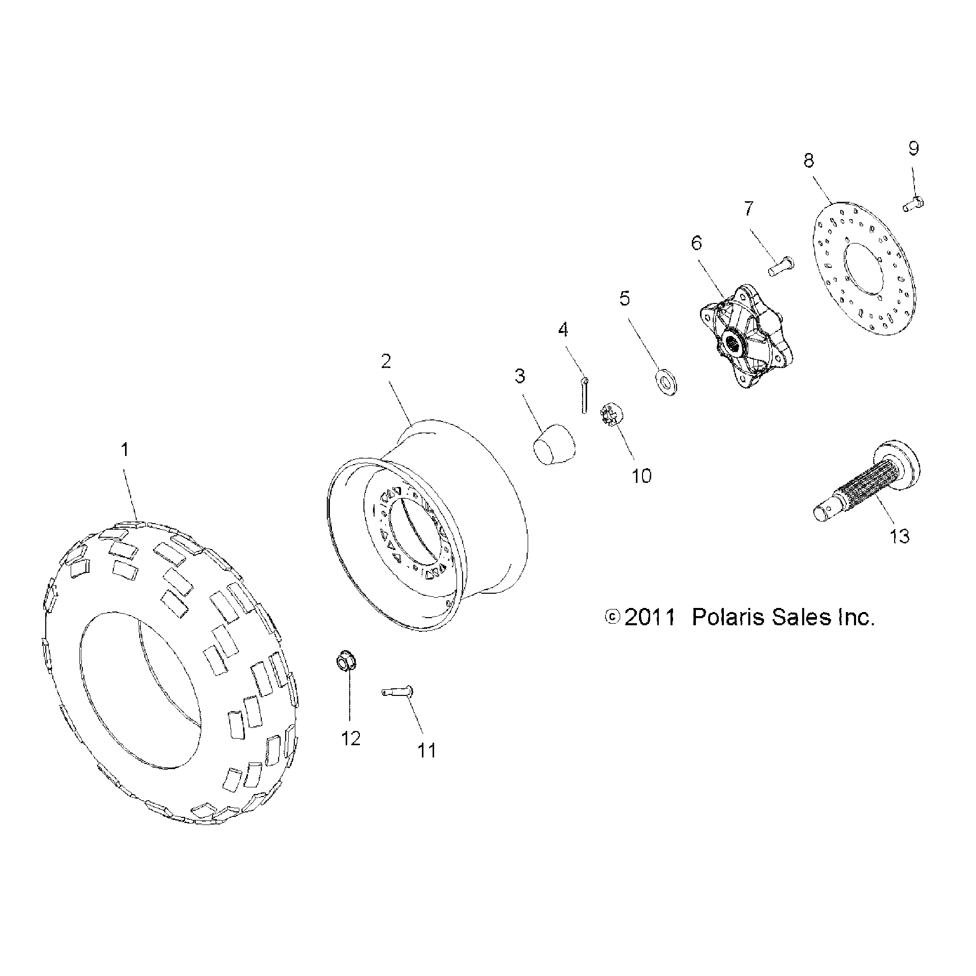 An Image of a Genuine Polaris Parts Schematic Diagram showing the schematic - WHEELS: FRONT TIRE and BRAKE DISC - 2015 POLARIS HAWKEYE 325 2X4