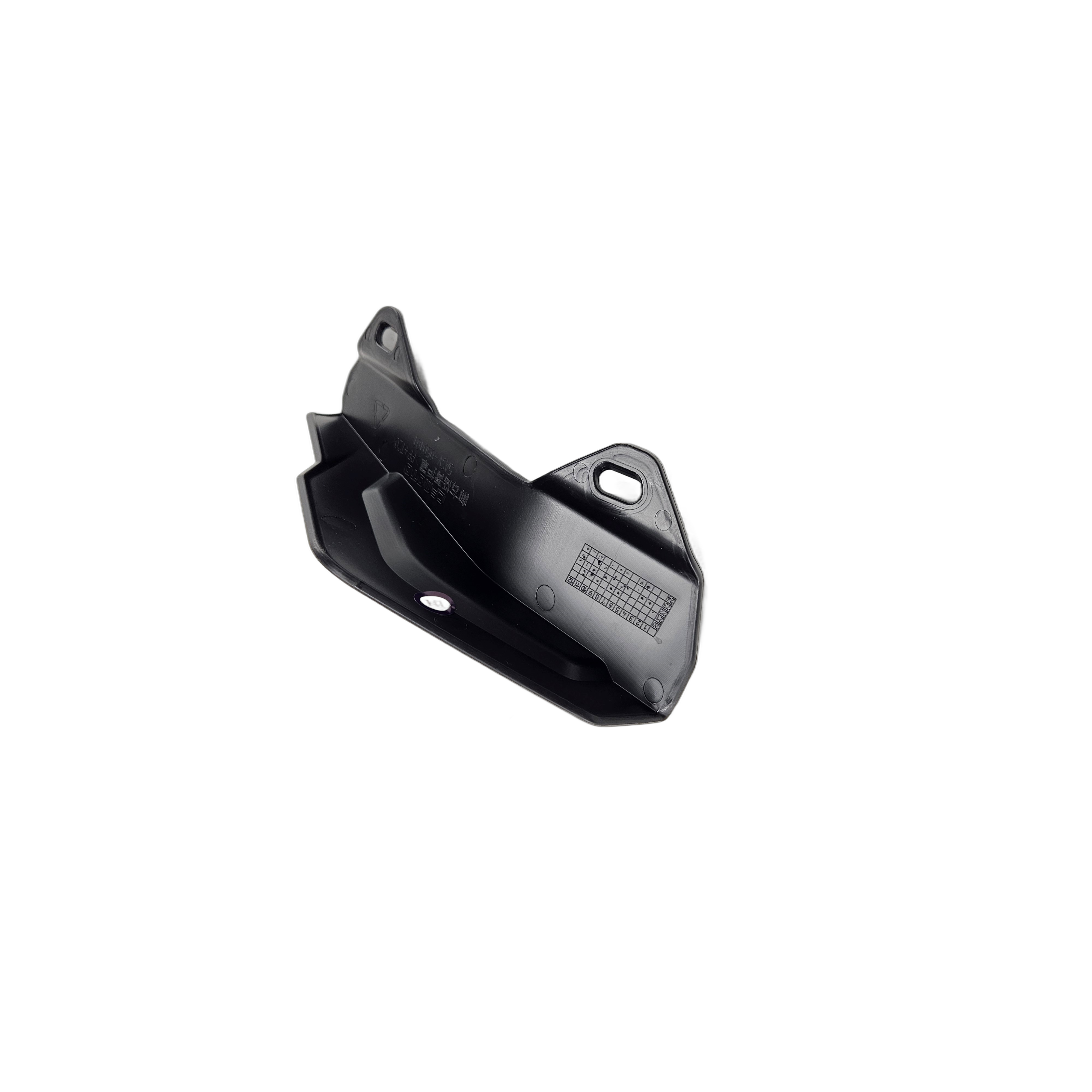 Black molded plastic swing arm guard with mounting holes, designed for front right side of CFMOTO UTVs.