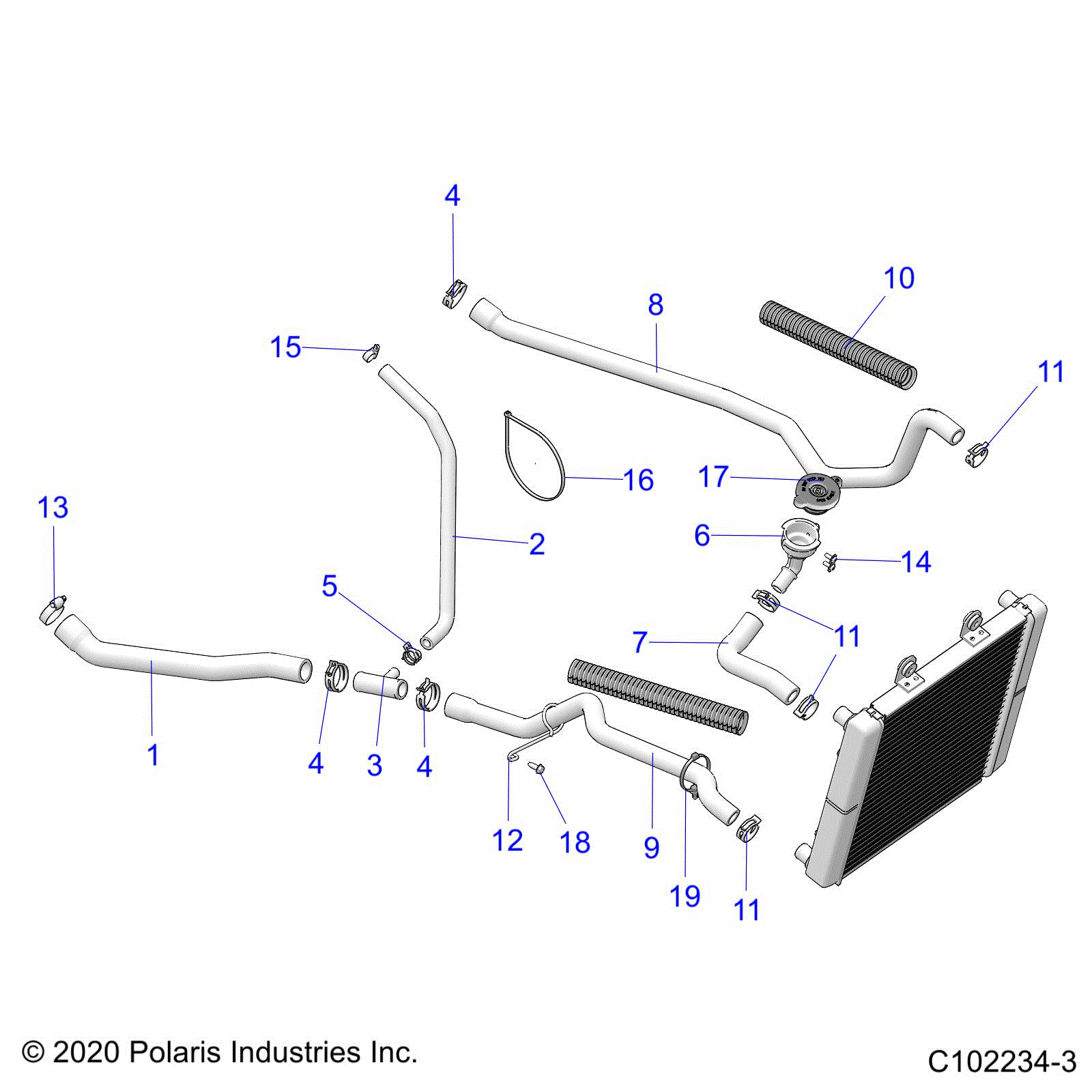 An Image of a Genuine Polaris Parts Schematic Diagram showing the schematic - ENGINE: COOLING SYSTEM HOSES - 2021 POLARIS SPORTSMAN TOURING 570 PREMIUM