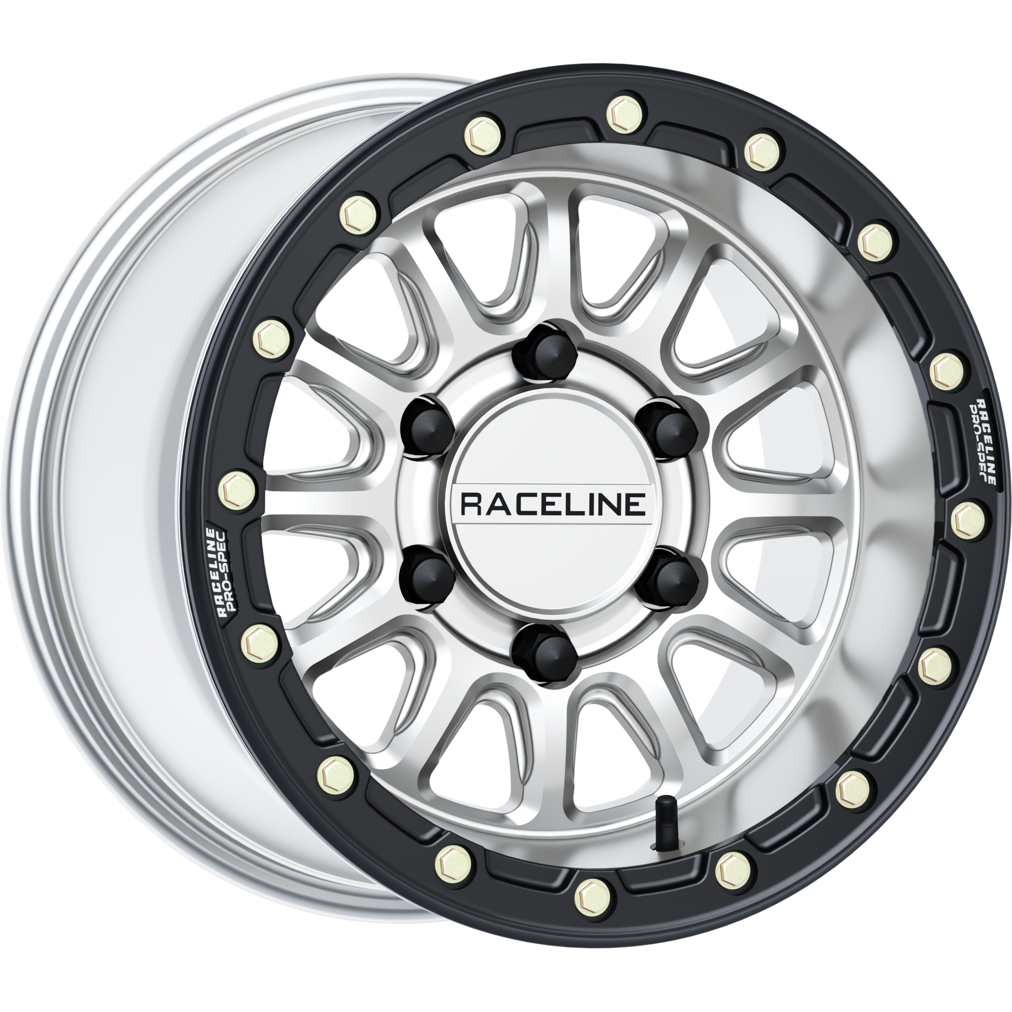 15x10 Hyper Silver Raceline Alpha Hyper ATV wheel with black outer ring and bolt accents.