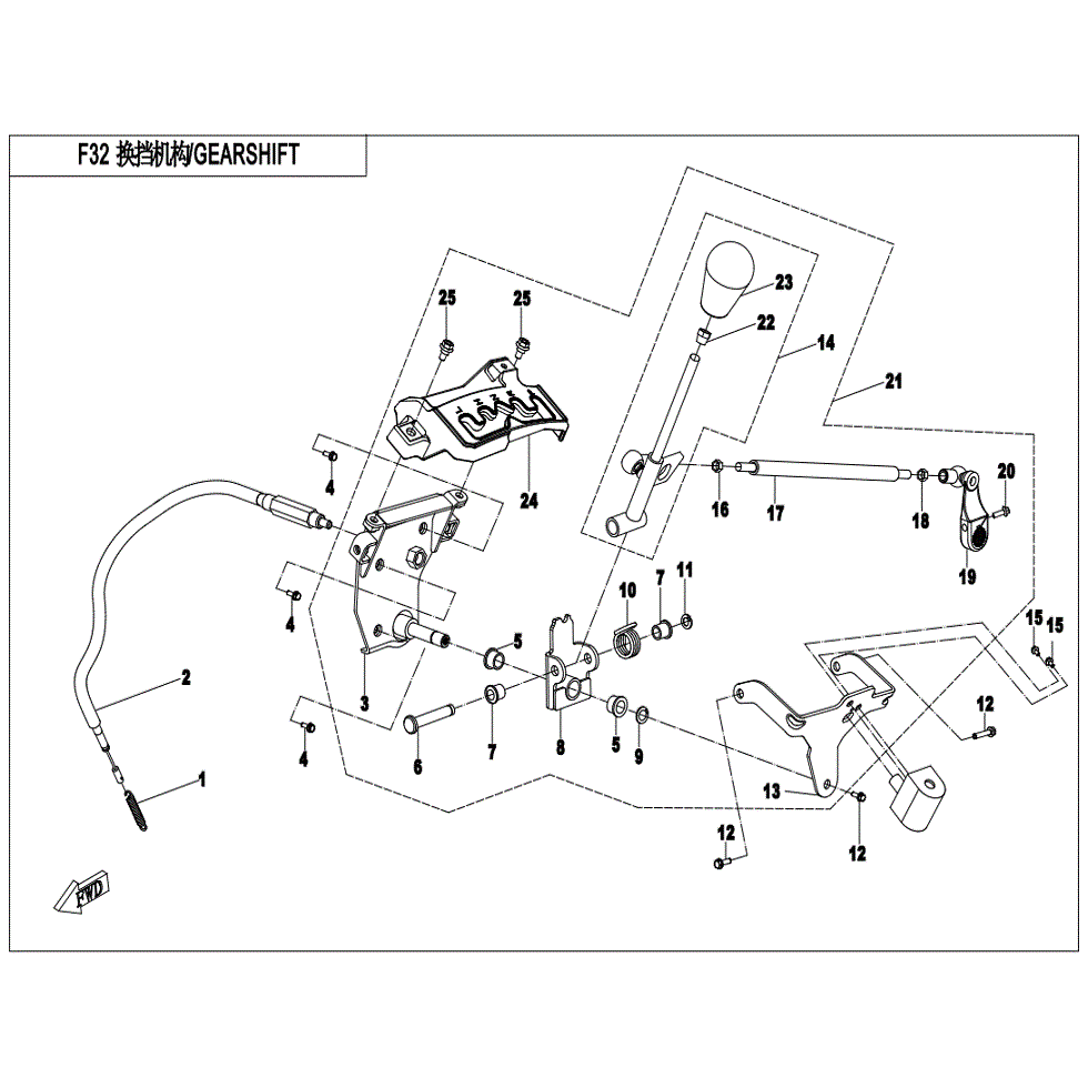 An Image of a genuine CFMOTO Parts Schematic Diagram showing the group - GEAR SHIFTING - 2022 CFMOTO CFORCE 500 S