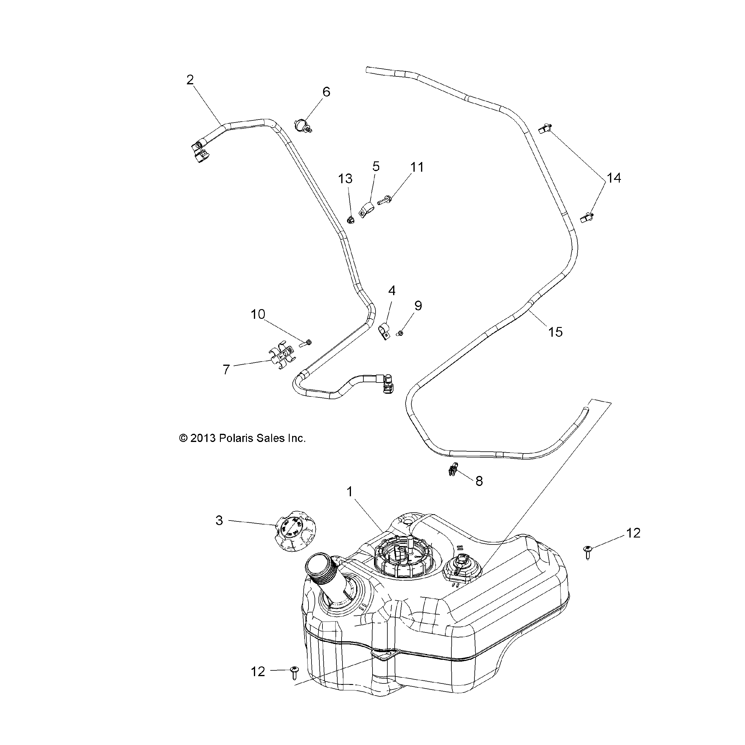An Image of a Genuine Polaris Parts Schematic Diagram showing the schematic - BODY: FUEL TANK - 2015 POLARIS SPORTSMAN ACE 325 EFI