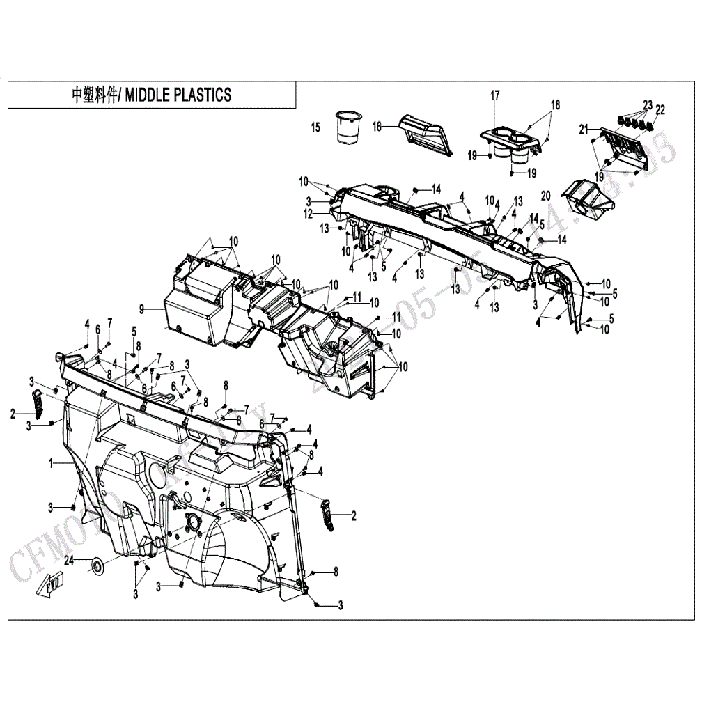 An Image of a Genuine CFMOTO Parts Schematic Diagram showing the schematic - MIDDLE PLASTICS - 2022 CFMOTO UFORCE 600