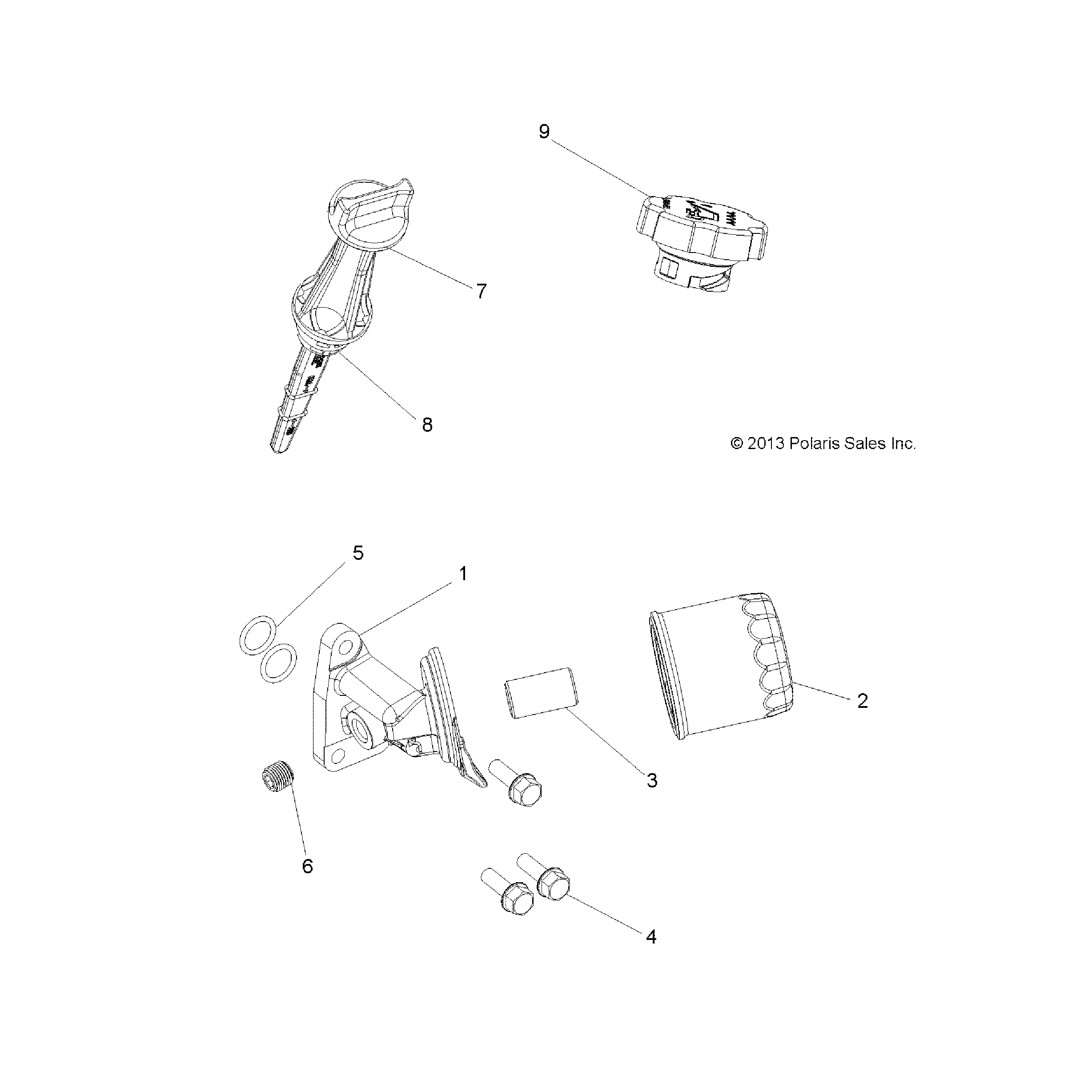An Image of a Genuine Polaris Parts Schematic Diagram showing the schematic - ENGINE: OIL FILTER and DIPSTICK - 2016 POLARIS SPORTSMAN TOURING 570 SP