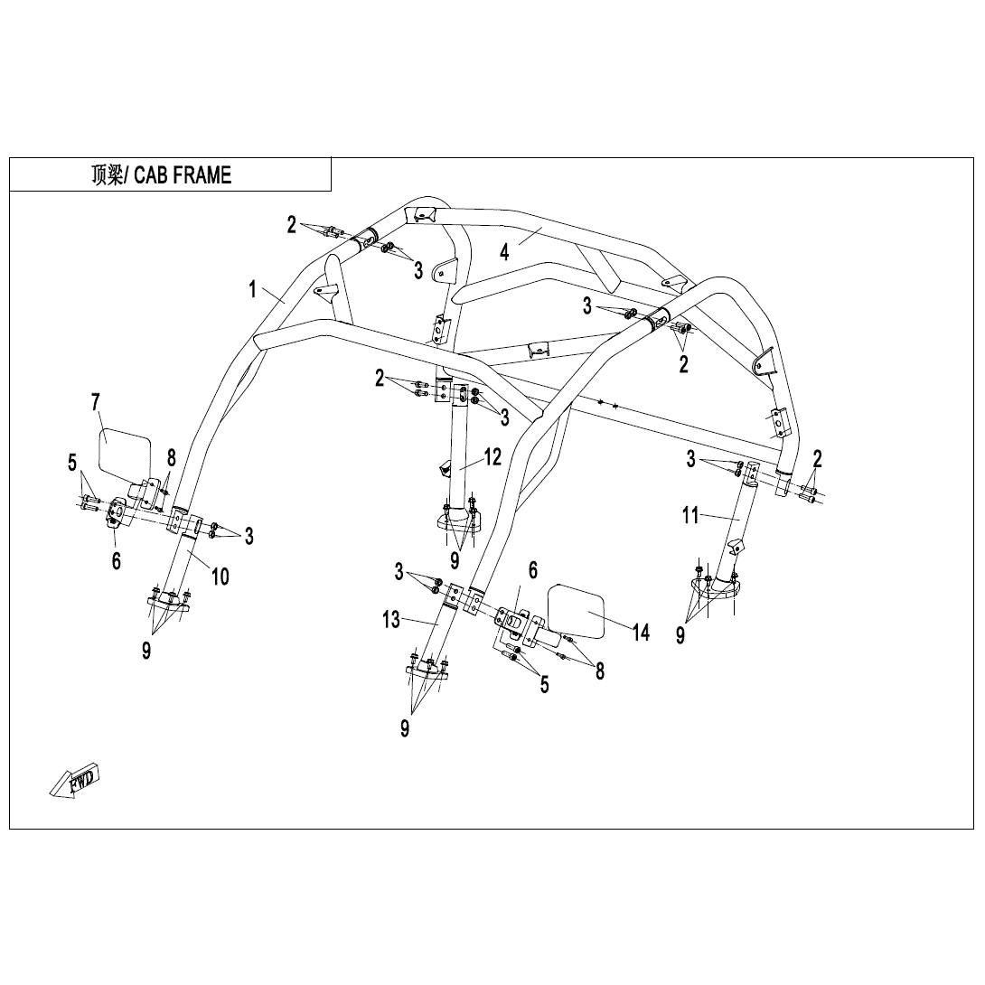 An Image of a Genuine CFMOTO Parts Schematic Diagram showing the schematic - CAB FRAME (NA) - 2020 CFMOTO ZFORCE 800 EX