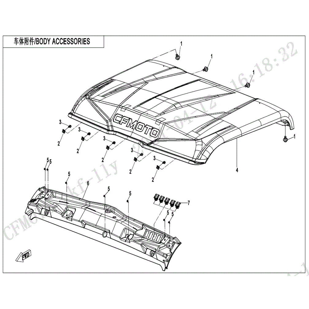 An Image of a Genuine CFMOTO Parts Schematic Diagram showing the schematic - BODY ACCESSORIES - 2022 CFMOTO UFORCE 600