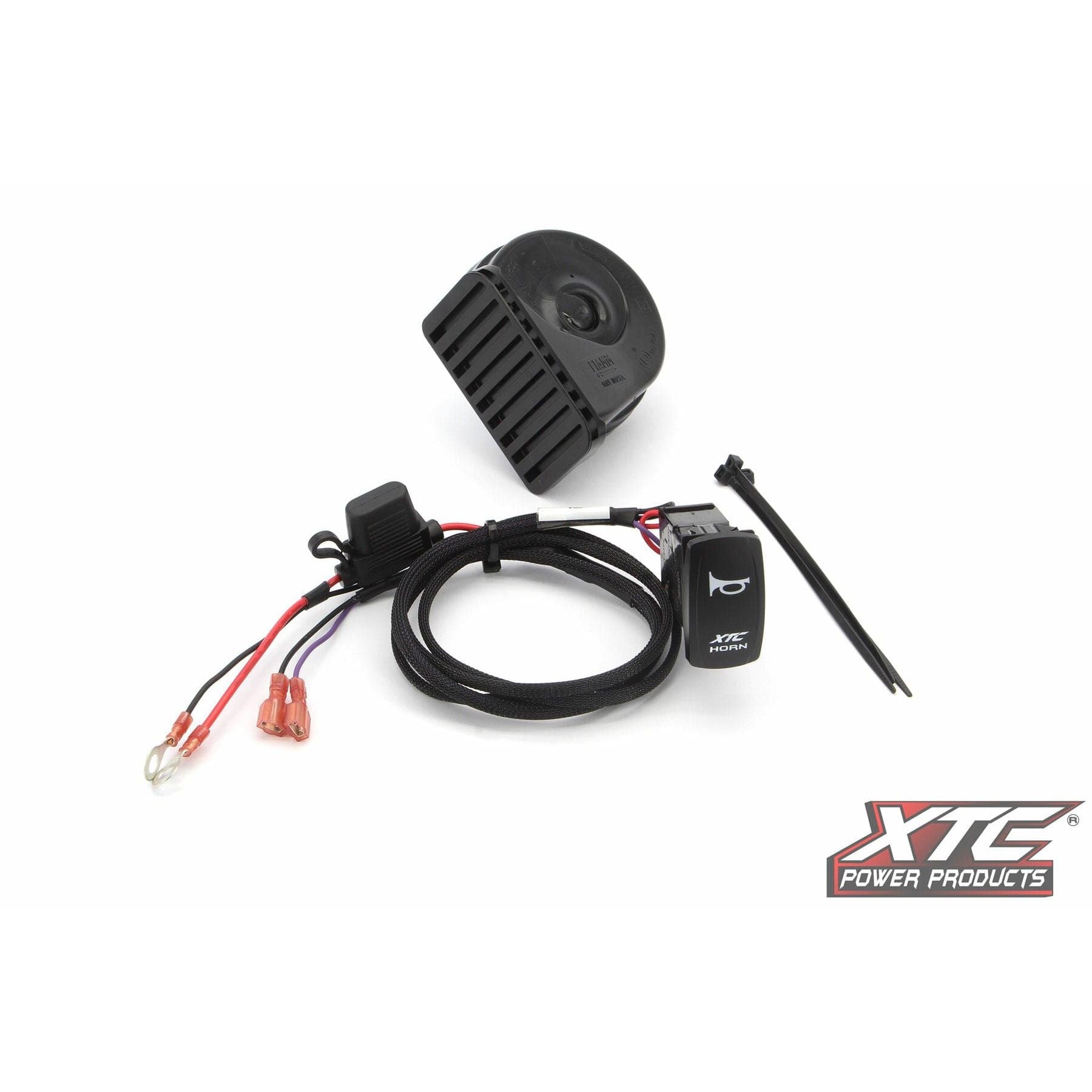 The Horn Kit Plug N Play By XTC Power includes a loud low tone horn, wiring harness, relay, connectors, zip tie, and black XTC HORN switch. Easy installation is shown on a white background with the XTC Power Products logo in the corner.