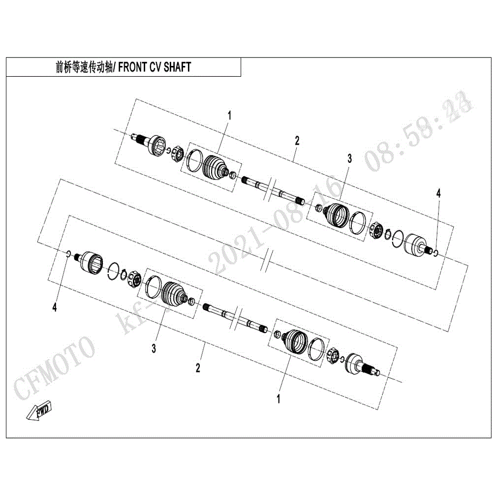 An Image of a genuine CFMOTO Parts Schematic Diagram showing the group - FRONT CV SHAFT (SPS) - 2021 CFMOTO CFORCE 400