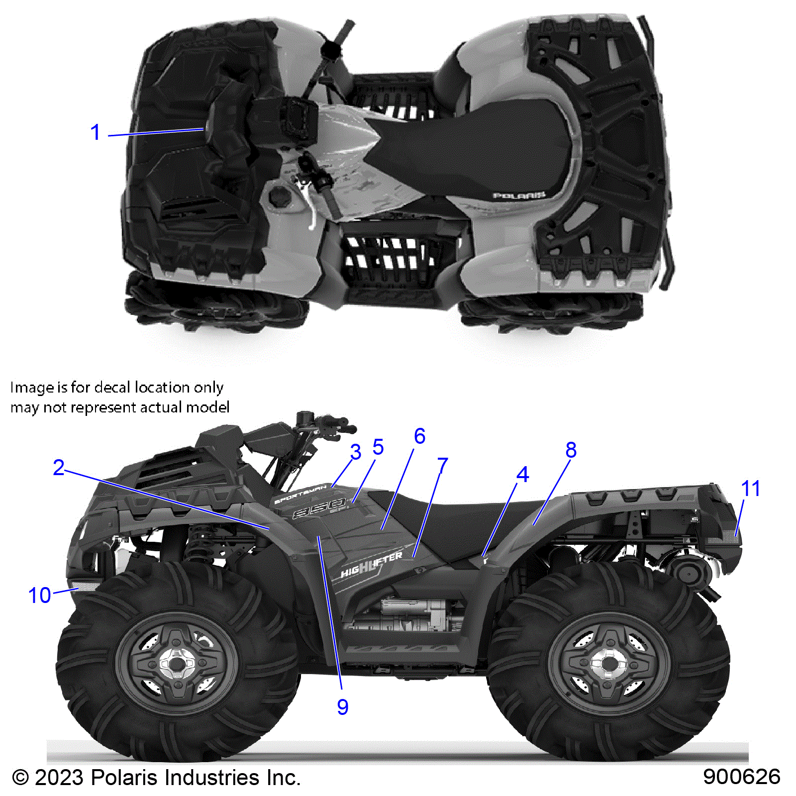 An Image of a Genuine Polaris Parts Schematic Diagram showing the schematic - BODY: DECALS GRAPHIC - 2023 POLARIS SPORTSMAN 850 HIGH LIFTER