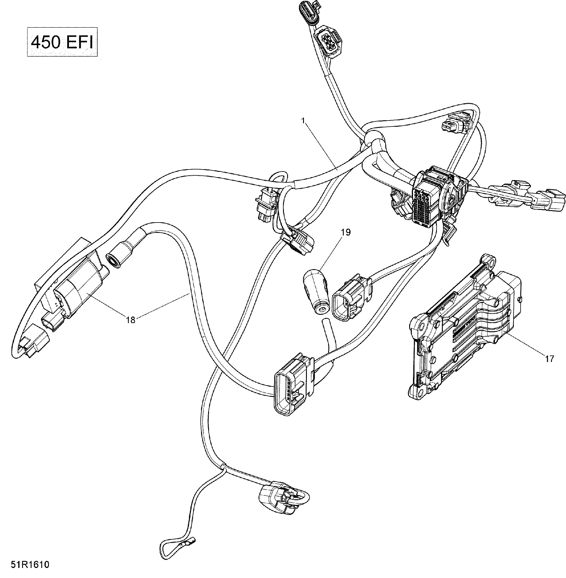 An Image of a Genuine Can-Am Parts Schematic Diagram showing the schematic - ENGINE HARNESS AND ELECTRONIC MODULE - 450 EFI