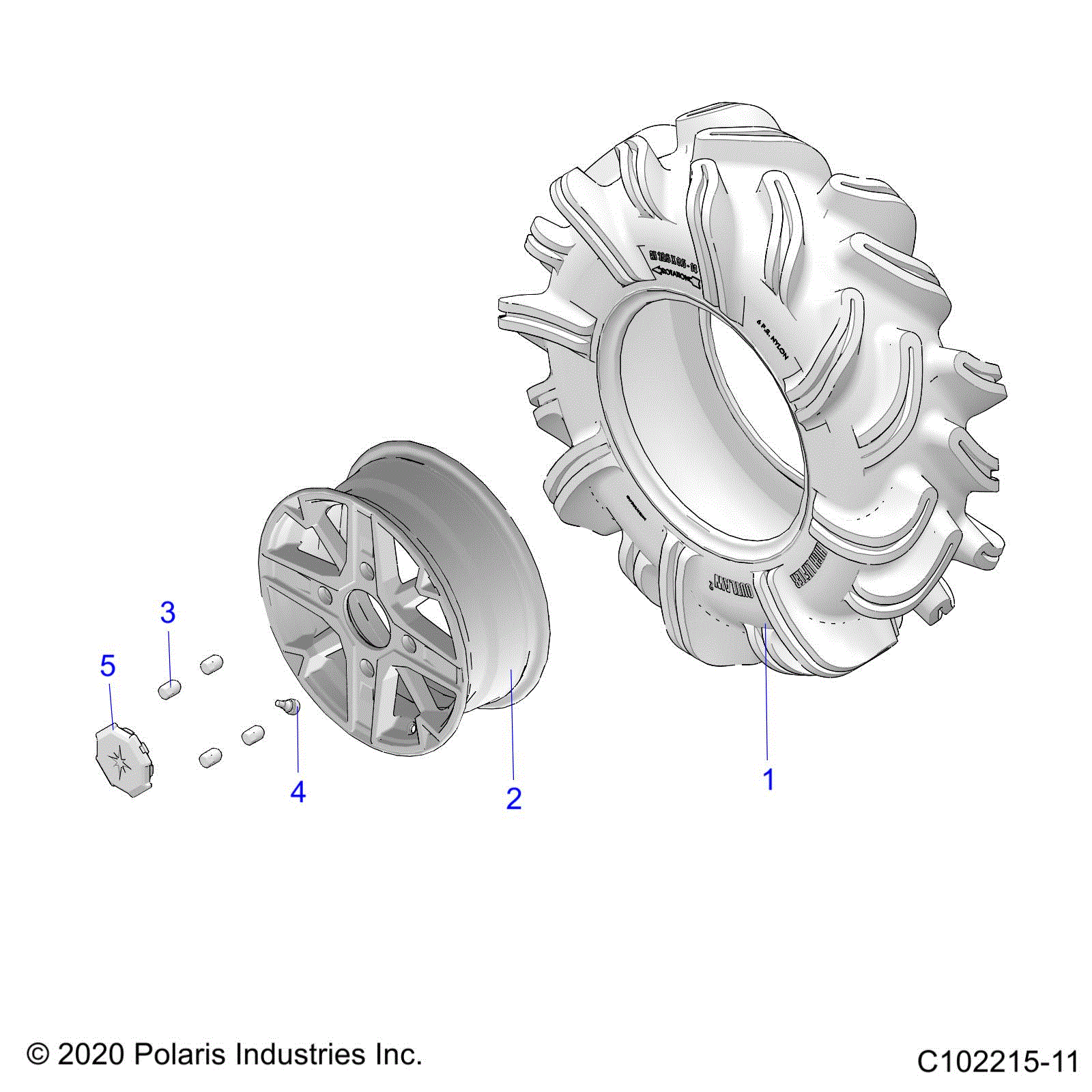 An Image of a Genuine Polaris Parts Schematic Diagram showing the schematic - WHEELS: FRONT - 2024 POLARIS SPORTSMAN 850 HIGH LIFTER