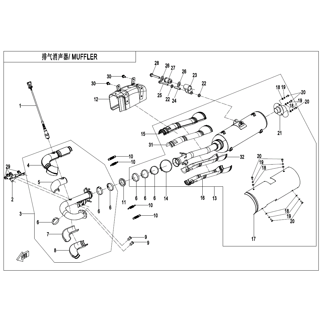 An Image of a genuine CFMOTO Parts Schematic Diagram showing the group - MUFFLER (NA) - 2020 CFMOTO CFORCE 600