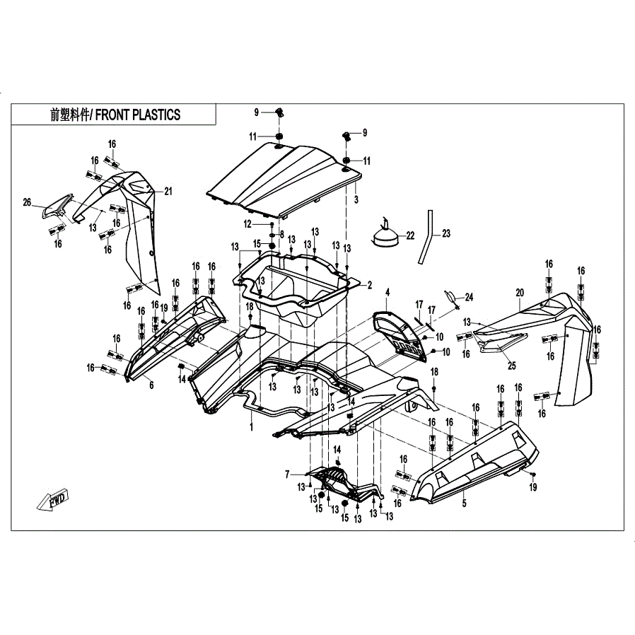 An Image of a Genuine CFMOTO Parts Schematic Diagram showing the schematic - FRONT PLASTICS - 2019 CFMOTO ZFORCE 800 EX