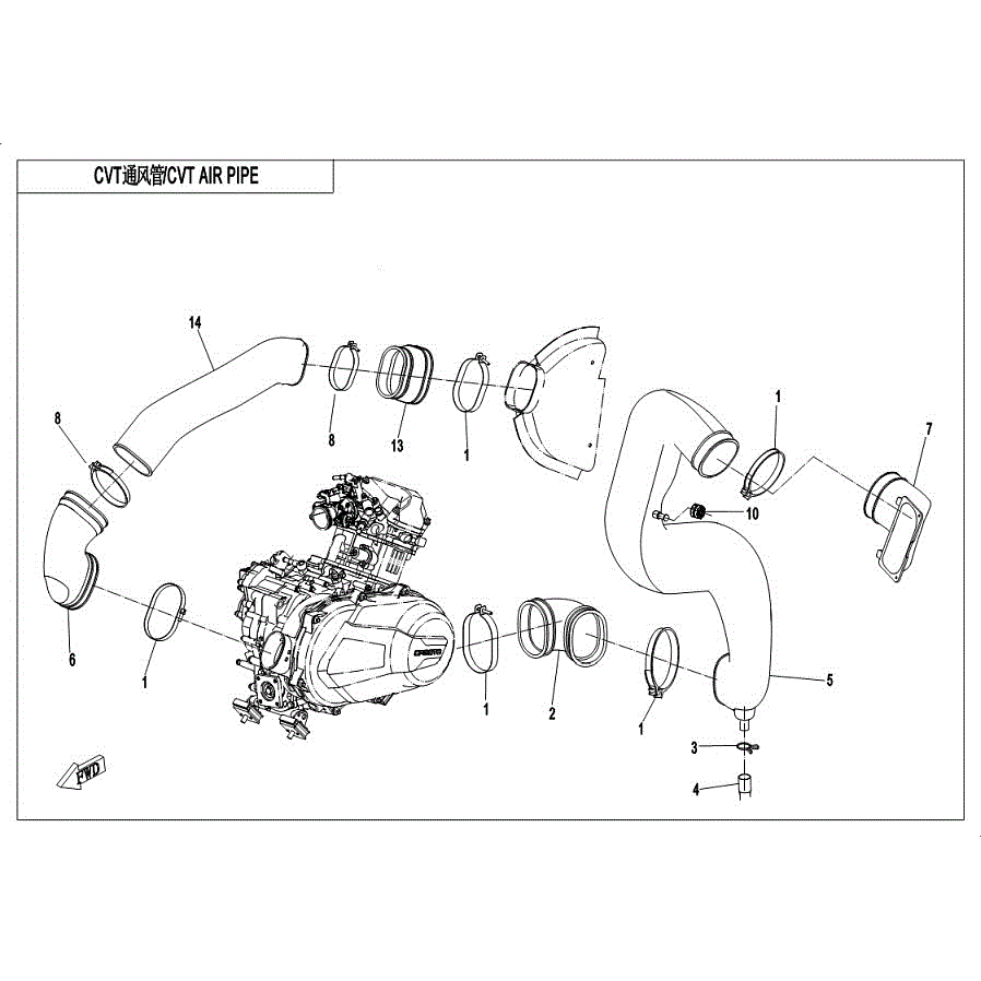 An Image of a Genuine CFMOTO Parts Schematic Diagram showing the schematic - CVT AIR PIPE&SIDE COVER - 2020 CFMOTO ZFORCE 500