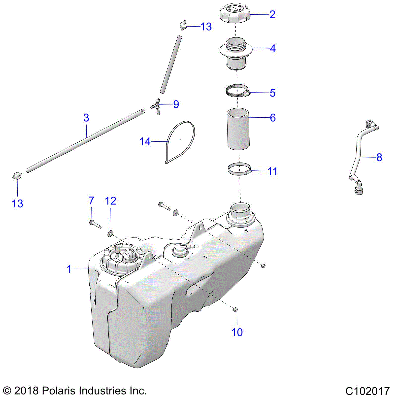An Image of a Genuine Polaris Parts Schematic Diagram showing the schematic - BODY: FUEL TANK - 2019 POLARIS SPORTSMAN 1000 XP 48