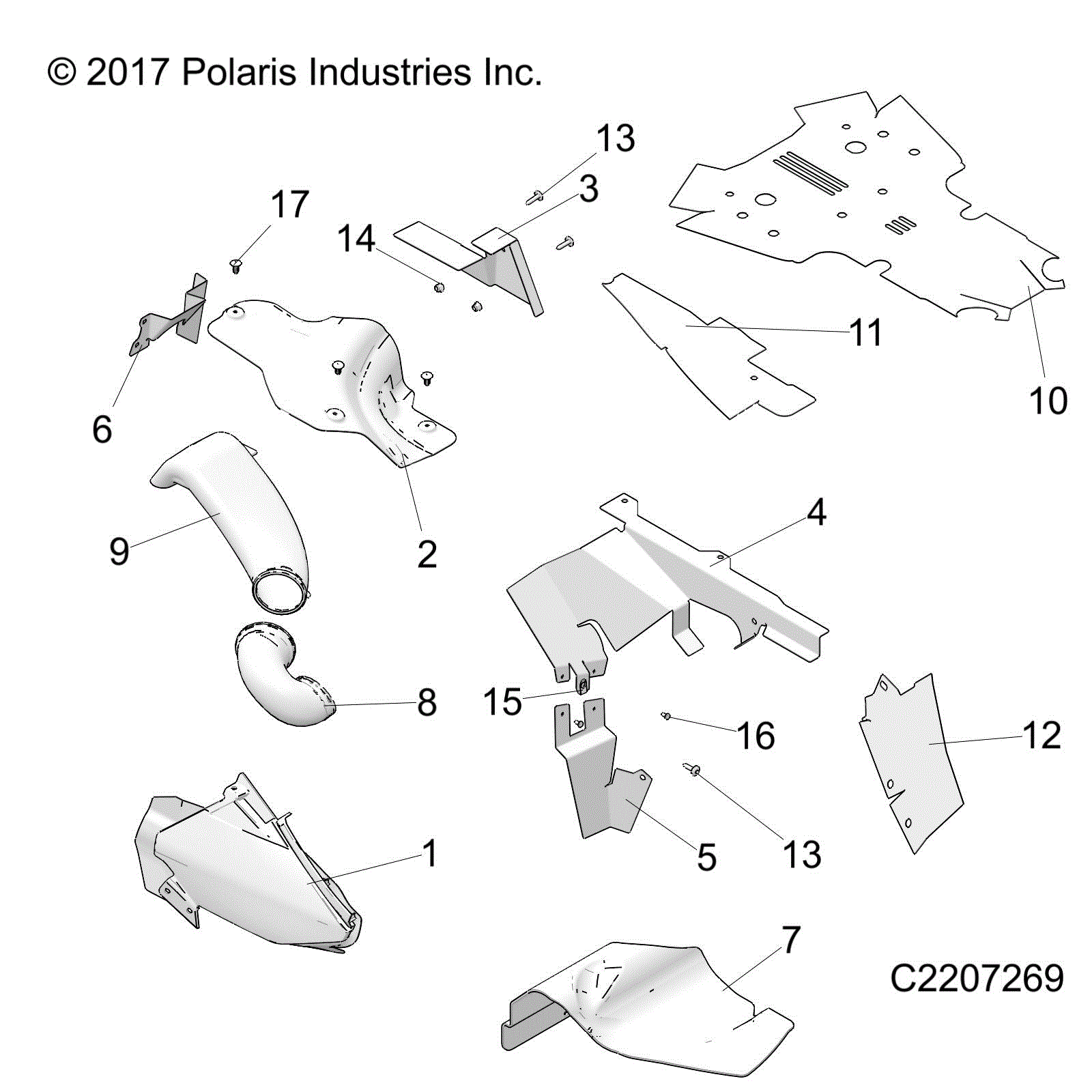 An Image of a Genuine Polaris Parts Schematic Diagram showing the schematic - BODY: PANELS THERMAL SHIELDS - 2016 POLARIS SPORTSMAN XP 1000
