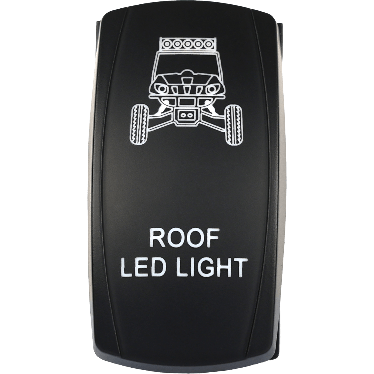 The Roof Lights Led Switch Pro Backlit by Open Trail is a weather-sealed, durable switch with a white off-road vehicle icon and ROOF LED LIGHT text, designed for reliable control of your roof lights.