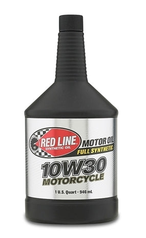 A black plastic 1 U.S. Quart (946 mL) bottle of Red Line Motor Oil 4T 10W30 Full Synthetic, with ester base stocks and a red, white, and gray label—ideal for motocross bikes or engines with wet-clutches.