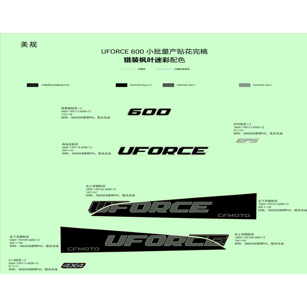 An Image of a Genuine CFMOTO Parts Schematic Diagram showing the schematic - DECAL KIT (TRUE TIMBER CAMO) - 2022 CFMOTO UFORCE 600