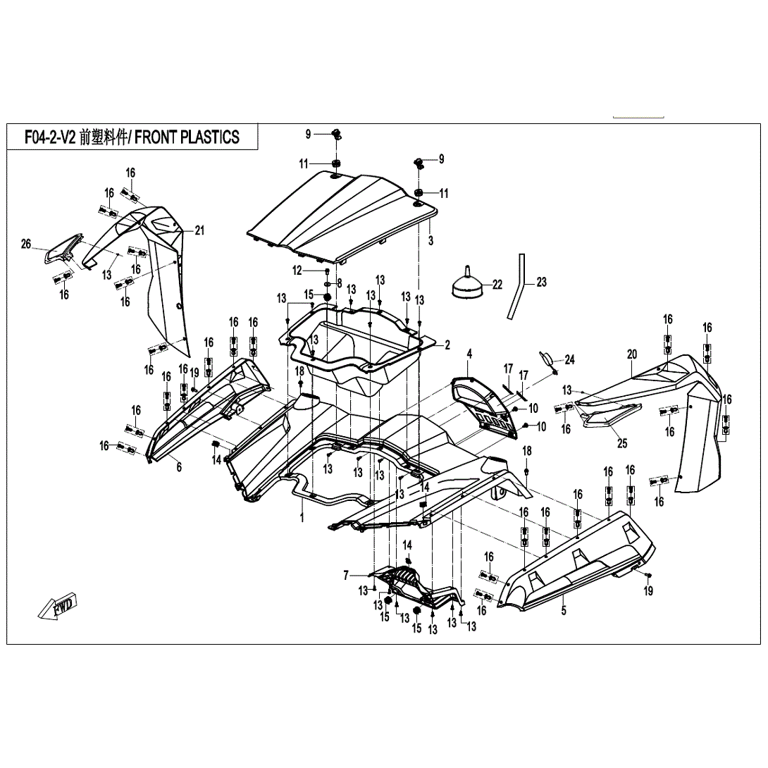 An Image of a Genuine CFMOTO Parts Schematic Diagram showing the schematic - FRONT PLASTICS - 2020 CFMOTO ZFORCE 800 EX