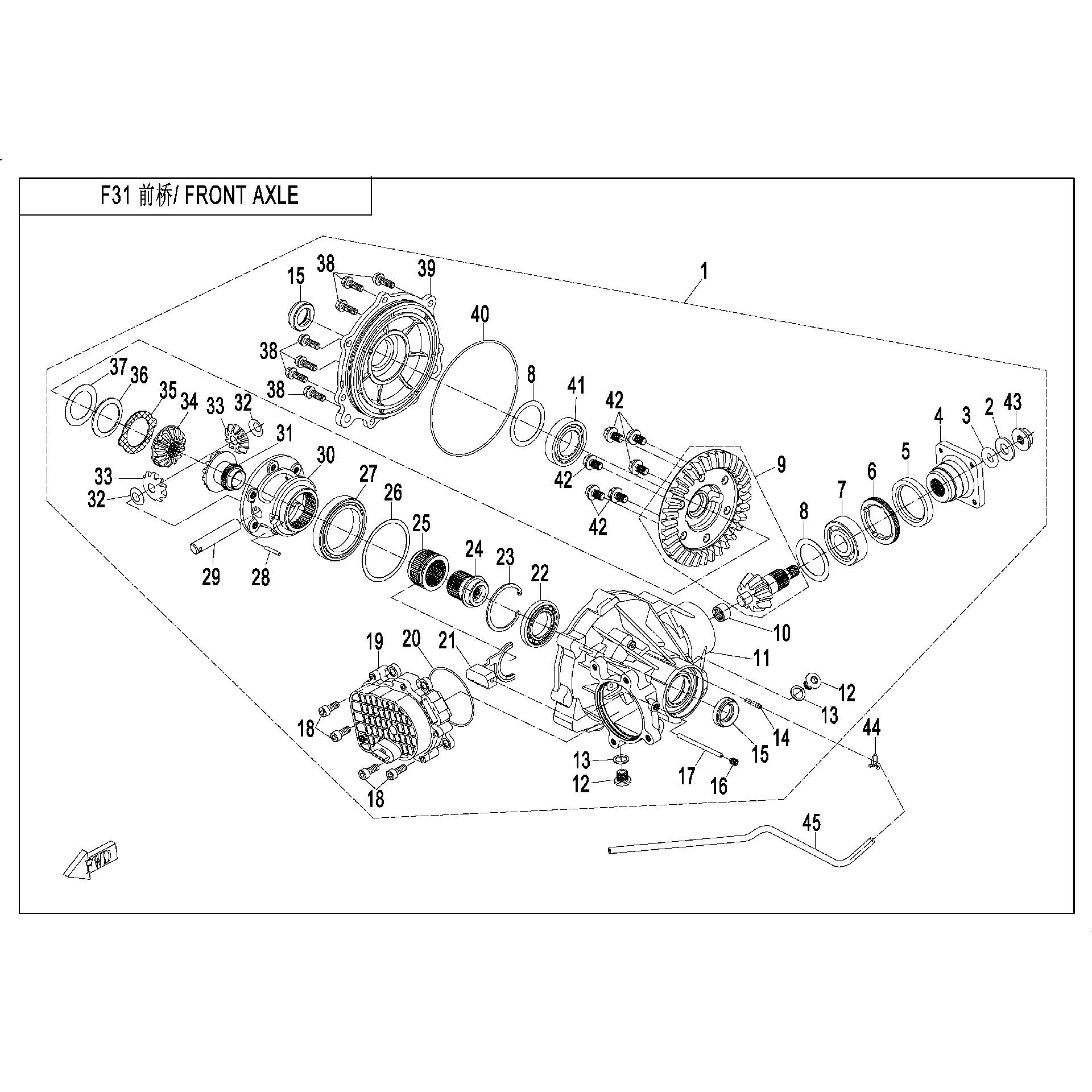 An Image of a Genuine CFMOTO Parts Schematic Diagram showing the schematic - FRONT DIFFERENTIAL - 2015 CFMOTO ZFORCE 800 Trail