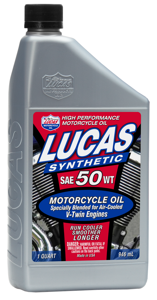 A gray 1-quart bottle of Lucas Oil Synthetic High Performance Engine Oil 50Wt, featuring a red, blue, and white label stating its specially blended for air-cooled V-twin engines to protect vital engine components.