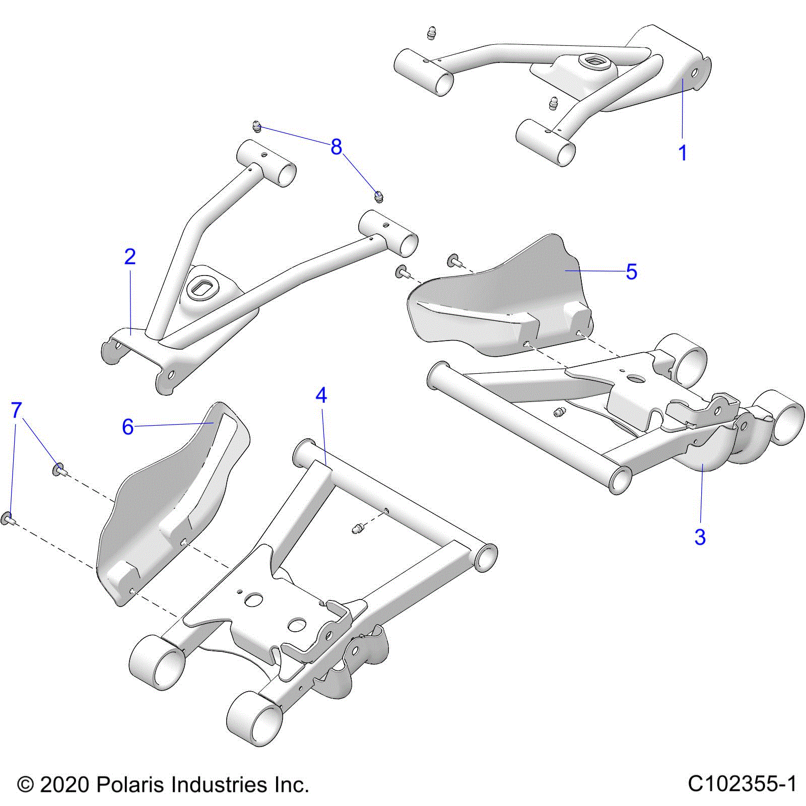 An Image of a Genuine Polaris Parts Schematic Diagram showing the schematic - SUSPENSION: MIDDLE CONTROL ARMS - 2023 POLARIS SPORTSMAN 570 6X6