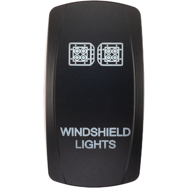 The Dash Switch Rocker Face Windshield Light by XTC Power is a black rocker switch labeled WINDSHIELD LIGHTS in white text, featuring two square light icons above the label.