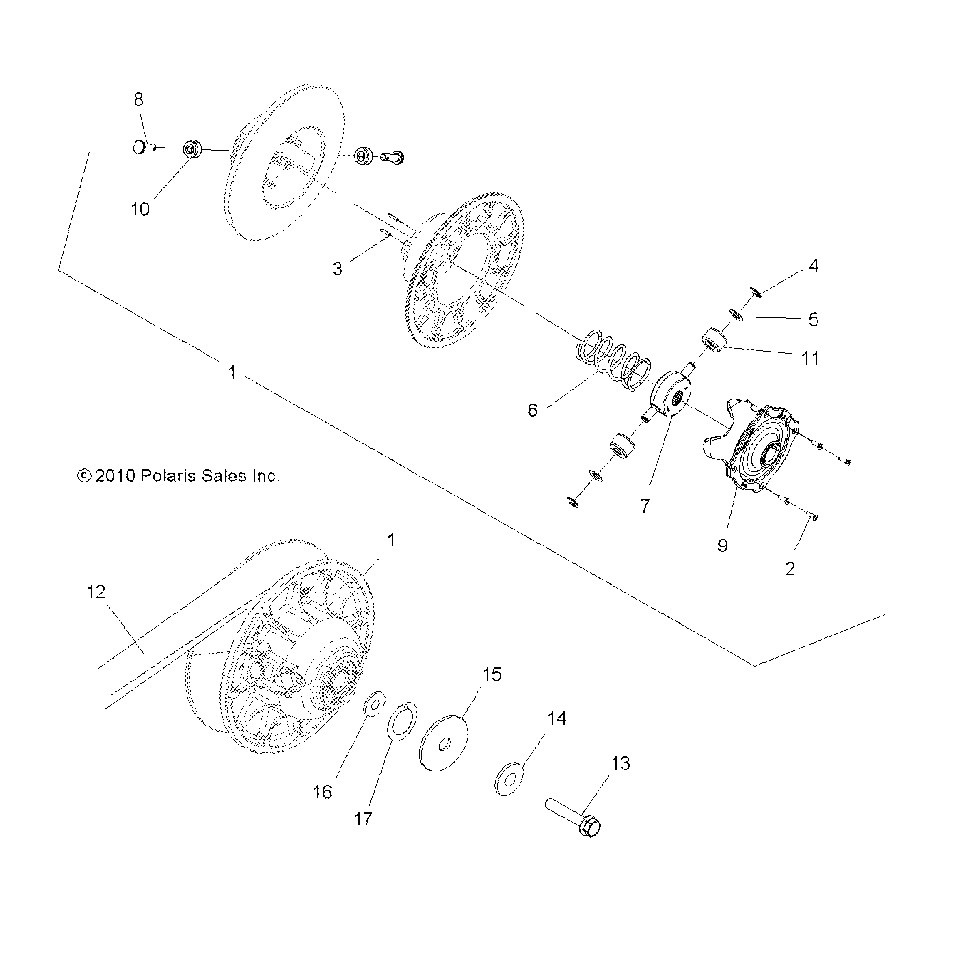 An Image of a Genuine Polaris Parts Schematic Diagram showing the schematic - DRIVE TRAIN: SECONDARY CLUTCH - 2016 POLARIS SPORTSMAN TOURING 850 SP