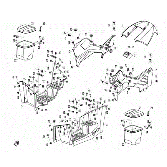 An Image of a genuine CFMOTO Parts Schematic Diagram showing the group - MIDDLE PLASTICS - 2015 CFMOTO CFORCE 800 X8