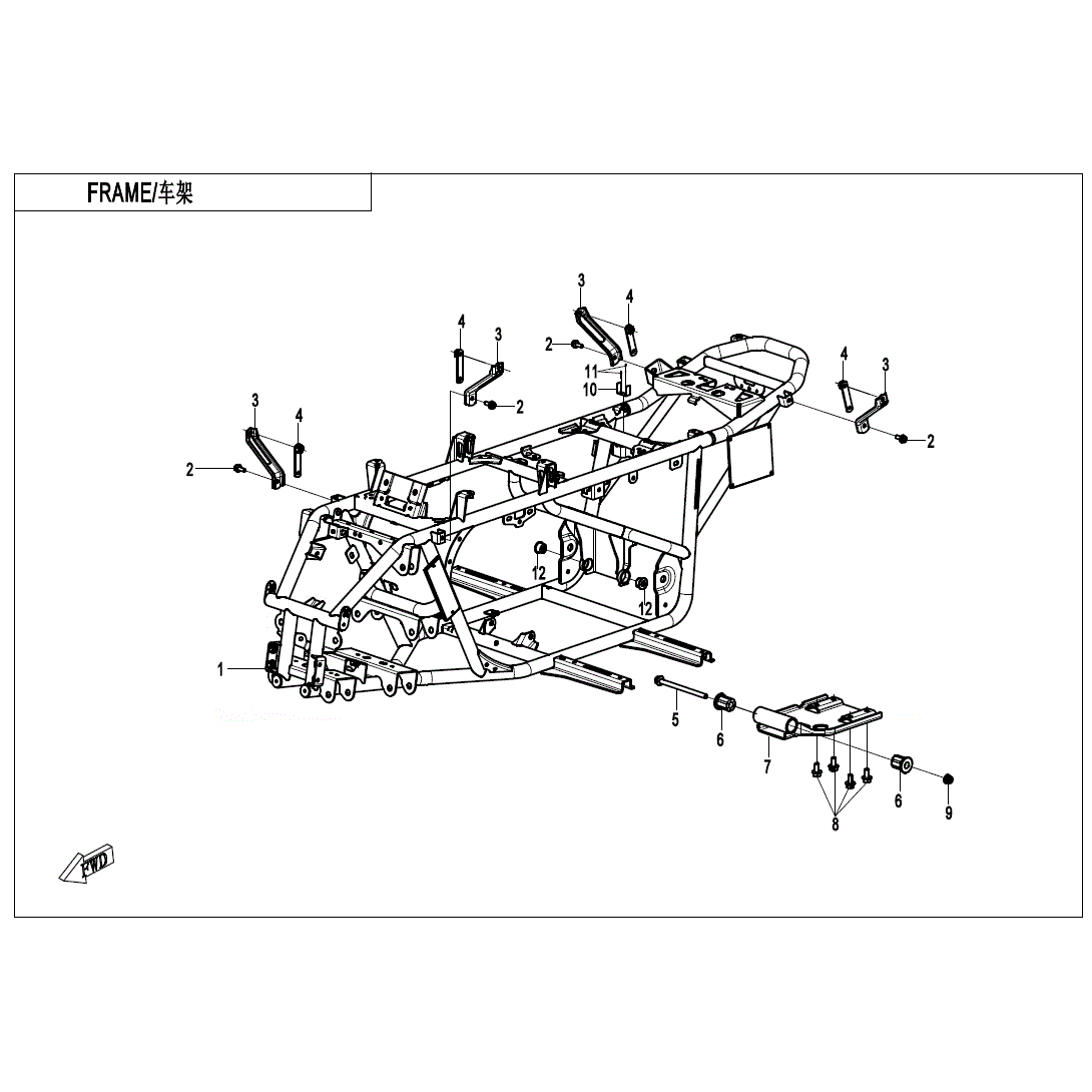 An Image of a genuine CFMOTO Parts Schematic Diagram showing the group - FRAME - 2023 CFMOTO CFORCE 110