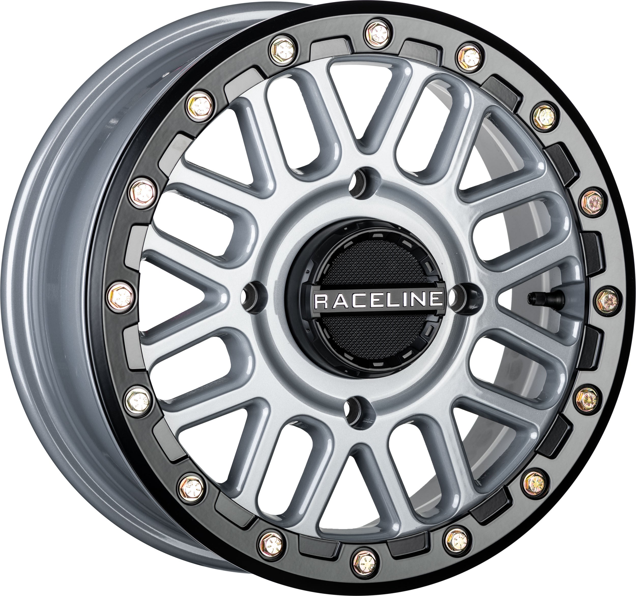 Upgrade your ATV with the Raceline ATV/UTV Podium Beadlock Wheel 15X6 4/137 5+1 (+40mm) in Stealth Grey—a stylish multi-spoke rim featuring a RACELINE center cap and beadlock bolts for great performance and looks.