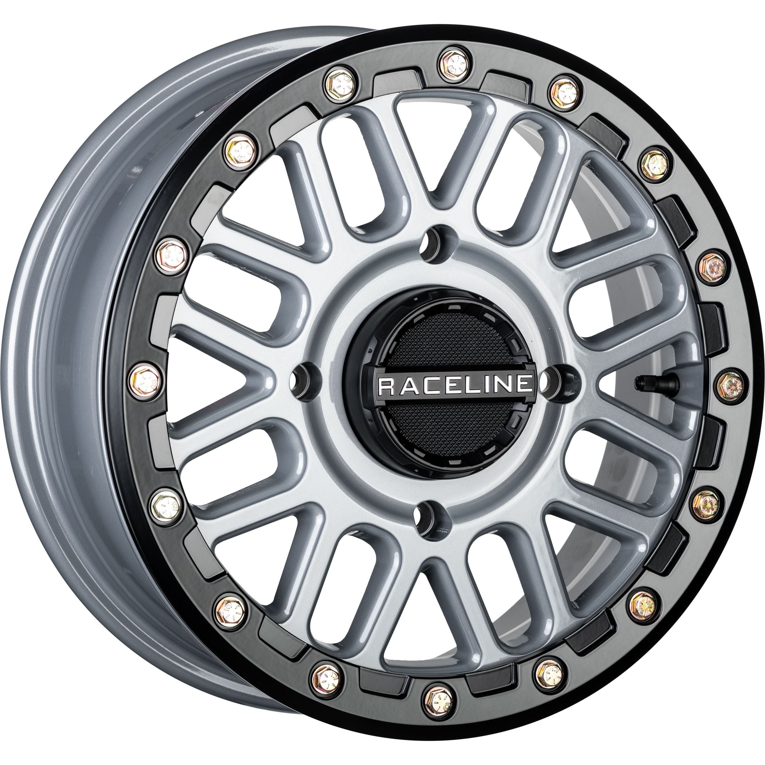 The Raceline ATV/UTV Podium Beadlock Wheel 15X6 4/156 5+1 (+40mm) in Stealth Grey features a multi-spoke design, black beadlock ring with exposed bolts, and a black center cap—perfect for your ATV or UTV.