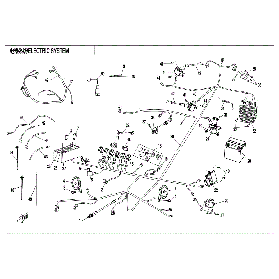 An Image of a Genuine CFMOTO Parts Schematic Diagram showing the schematic - ELECTRIC SYSTEM (MAIN CABLE WITH INTEGRATED RELAY/FUSE BOX) - 2019 CFMOTO ZFORCE 1000