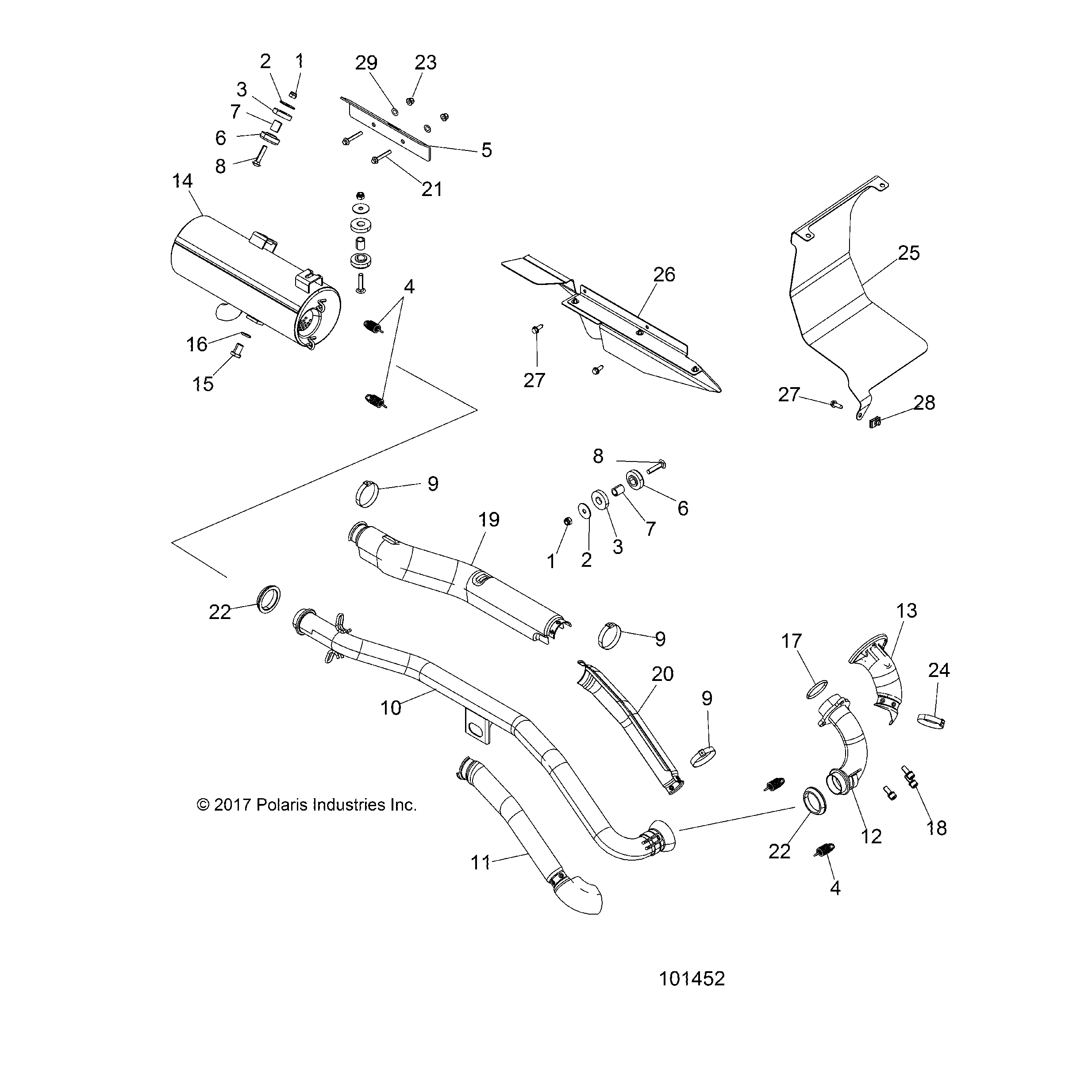 An Image of a Genuine Polaris Parts Schematic Diagram showing the schematic - ENGINE: EXHAUST - 2019 POLARIS SPORTSMAN TOURING 570 EFI/EPS
