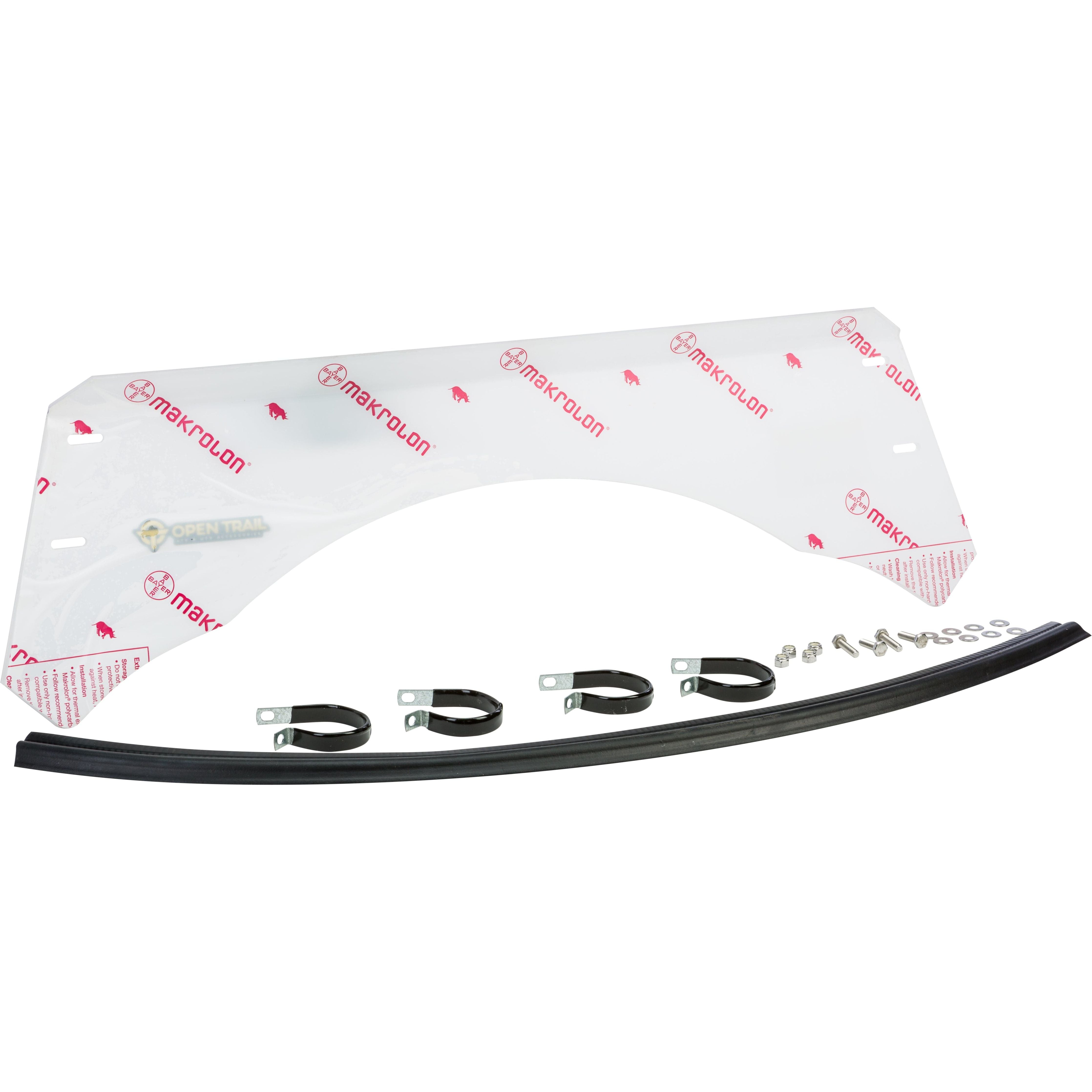The Half Windshield by Open Trail features clear, curved Makrolon Polycarbonate for high-strength protection and includes mounting hardware, clamps, screws, washers, and a black rubber gasket.
