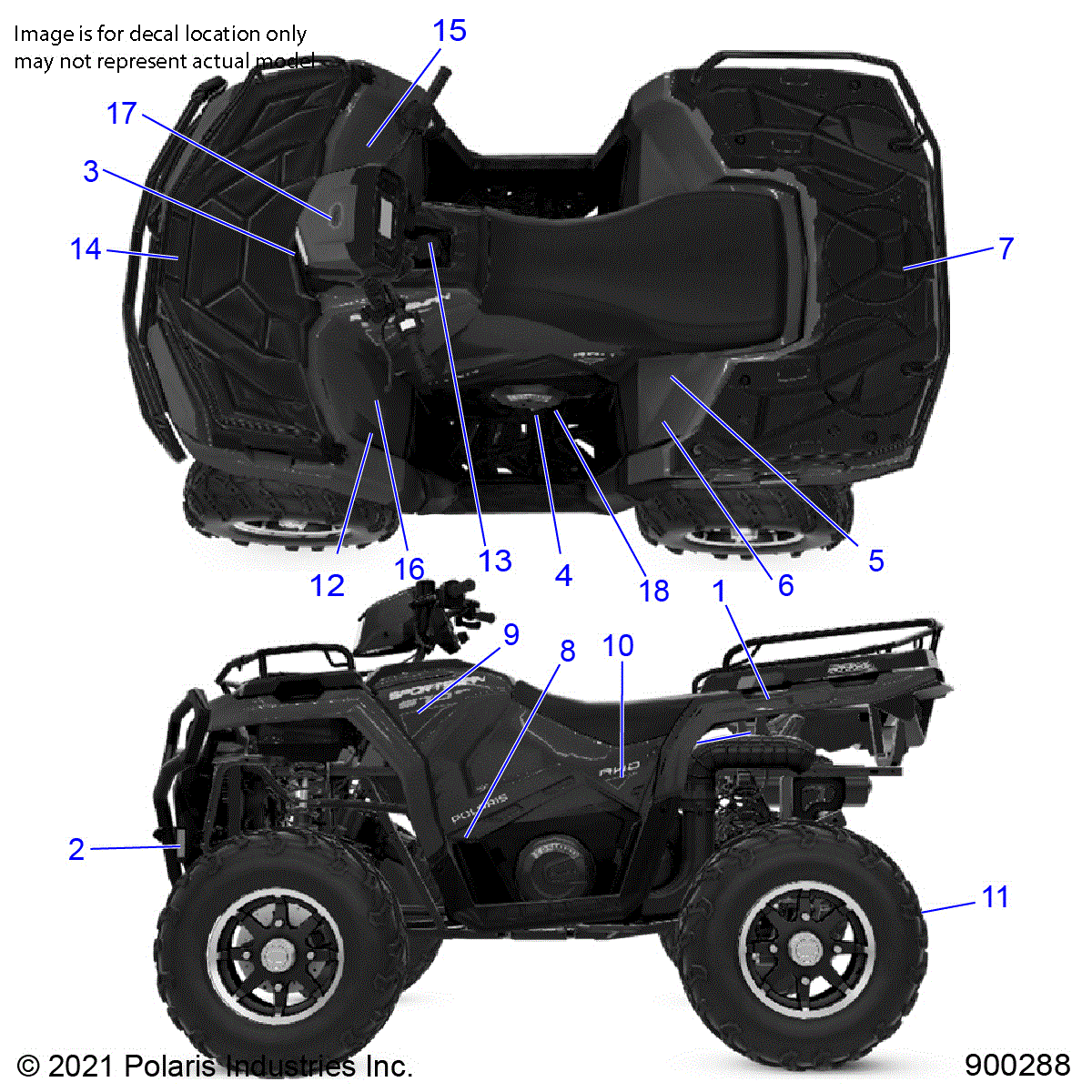 An Image of a Genuine Polaris Parts Schematic Diagram showing the schematic - BODY: DECALS - 2021 POLARIS SPORTSMAN 570 TRAIL
