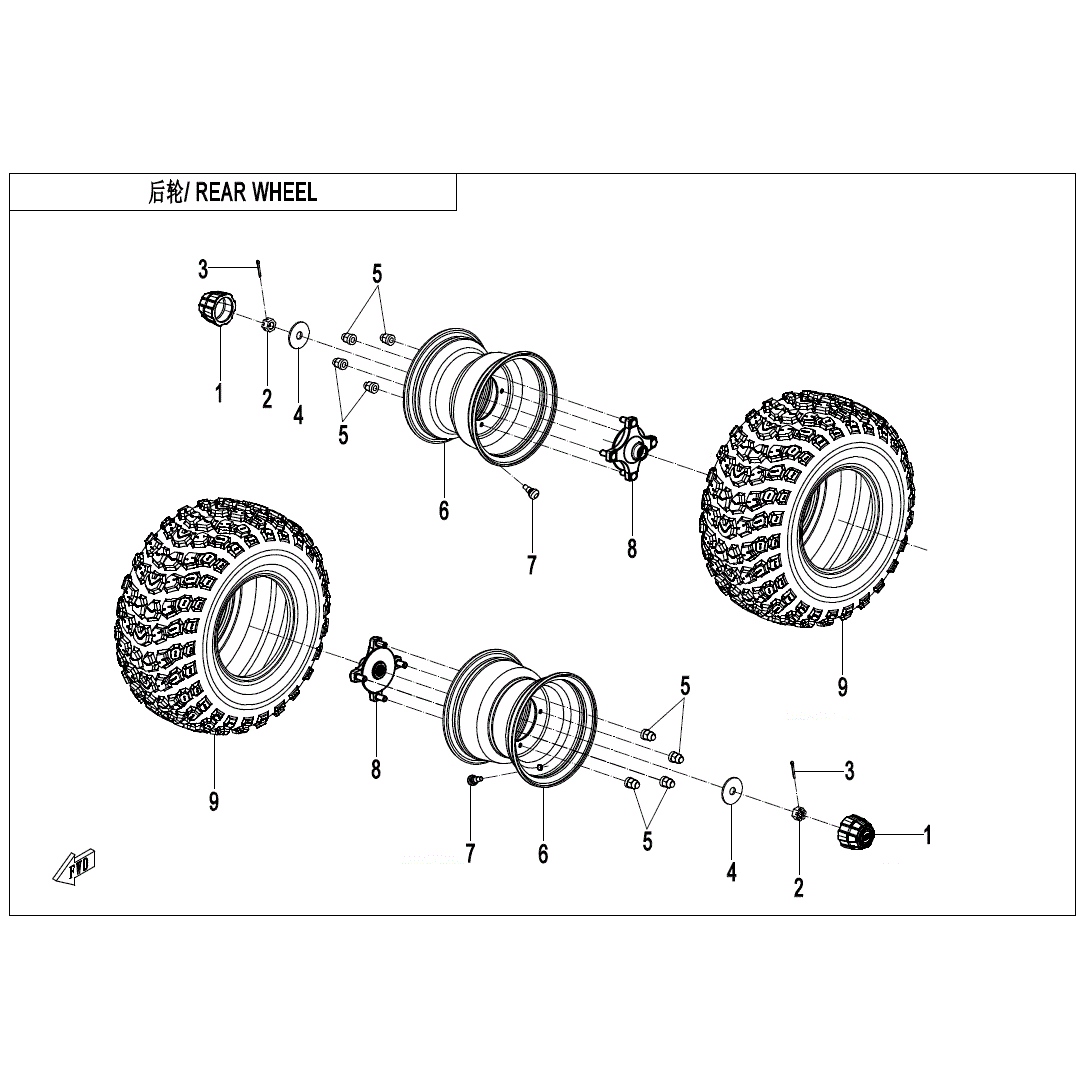 An Image of a genuine CFMOTO Parts Schematic Diagram showing the group - REAR WHEEL - 2024 CFMOTO CFORCE 110