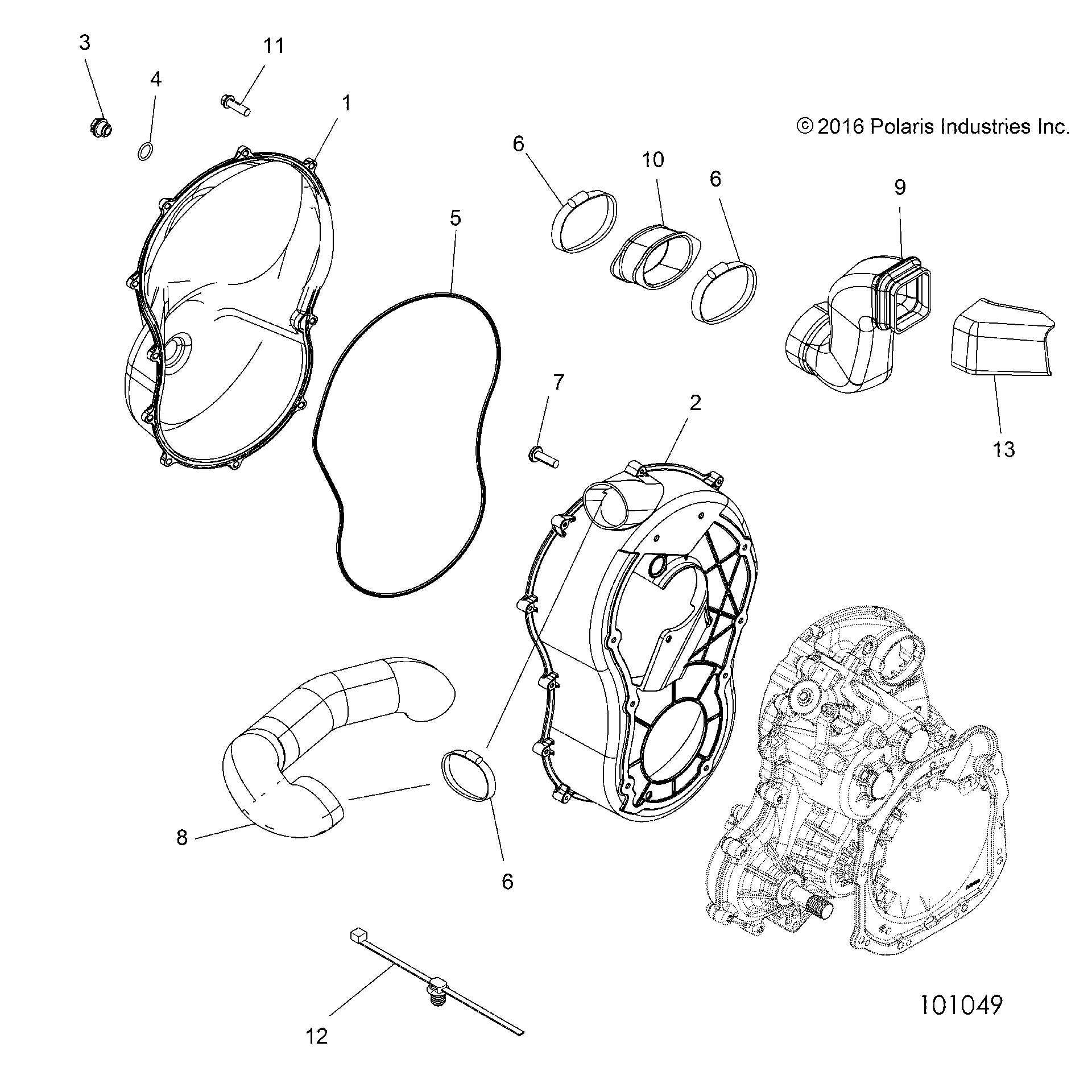 An Image of a Genuine Polaris Parts Schematic Diagram showing the schematic - BODY: CLUTCH COVER - 2017 POLARIS SCRAMBLER 850