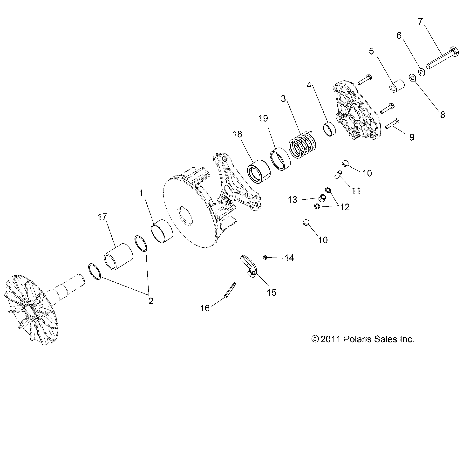 An Image of a Genuine Polaris Parts Schematic Diagram showing the schematic - DRIVE TRAIN: PRIMARY CLUTCH - 2015 POLARIS SPORTSMAN ACE 570 EFI