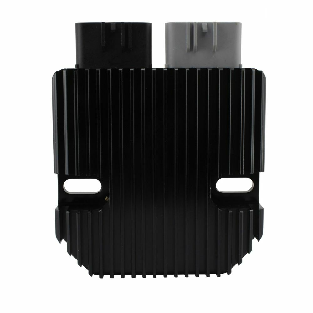 Black rectangular offroad regulator with vertical cooling fins and two connectors, one black and one gray, on top.