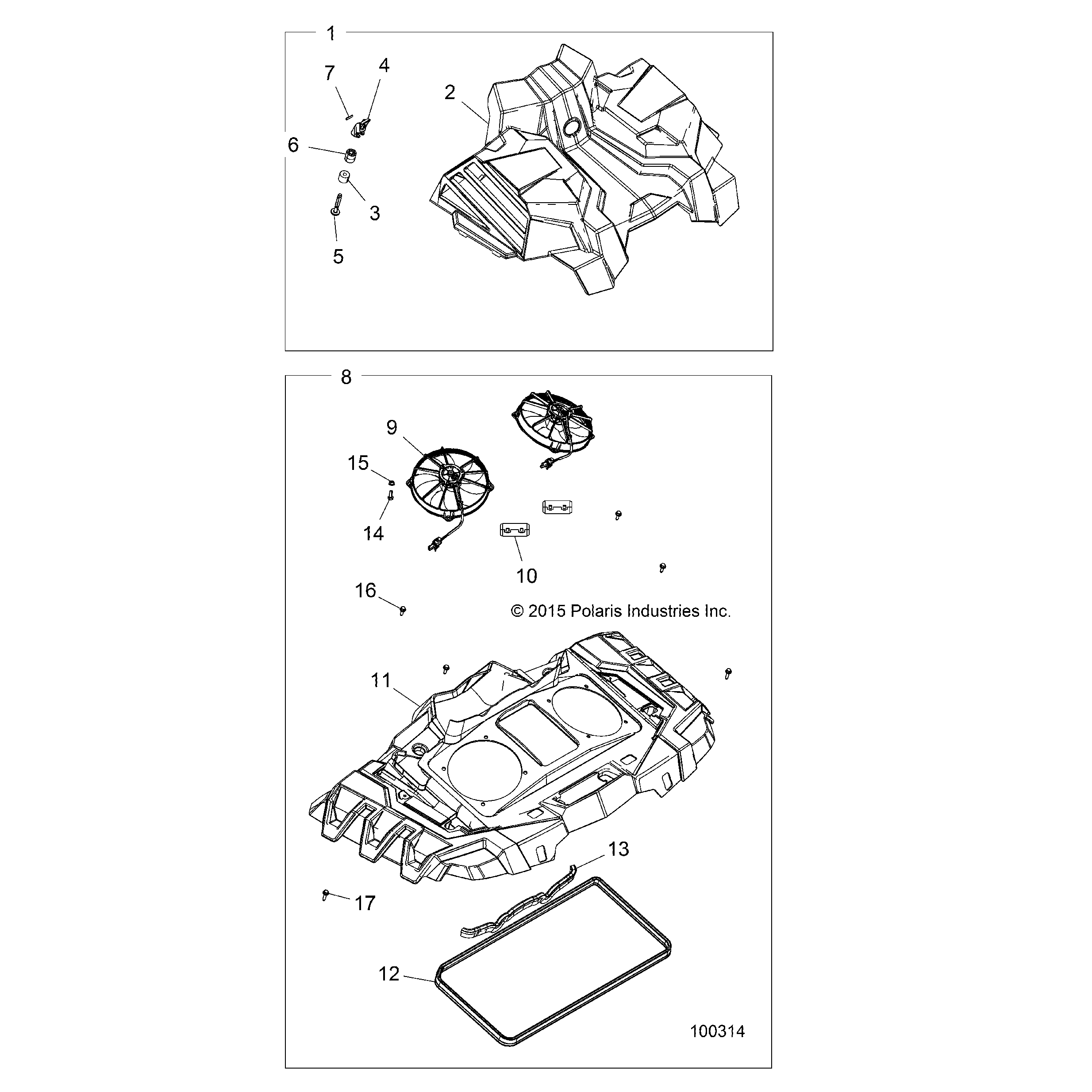 An Image of a Genuine Polaris Parts Schematic Diagram showing the schematic - ENGINE: COOLING SYSTEM FANS AND SHROUDS - 2016 POLARIS SPORTSMAN 1000 HIGH LIFTER
